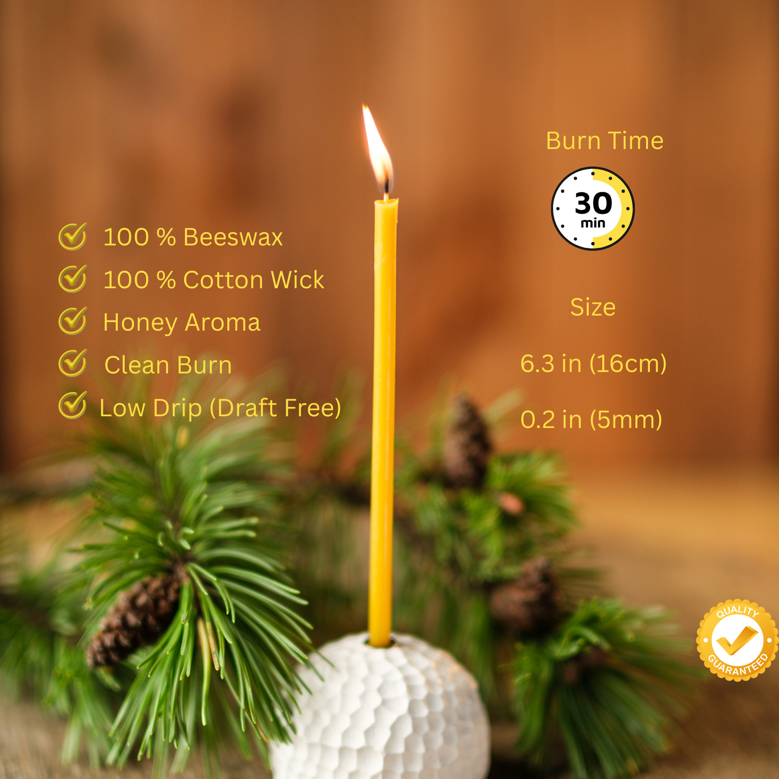 Pure Beeswax Thin Taper Candles 6.3″ x 0.2″ Church Orthodox (Pack 25-700)