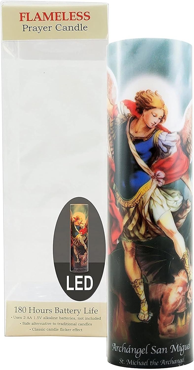 Safe Cordless St. Michael Devotional Candle with 7-Day Timer – Perfect for Home