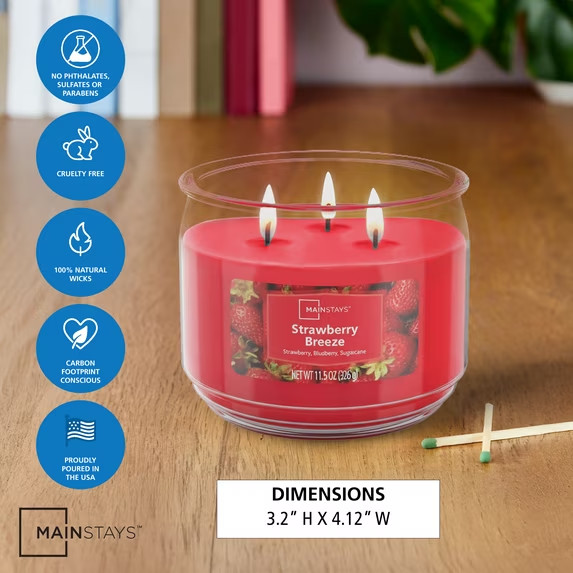 2 Pack Strawberry Breeze 3-Wick Scented Glass Jar Candle, 11.5 oz Free Ship