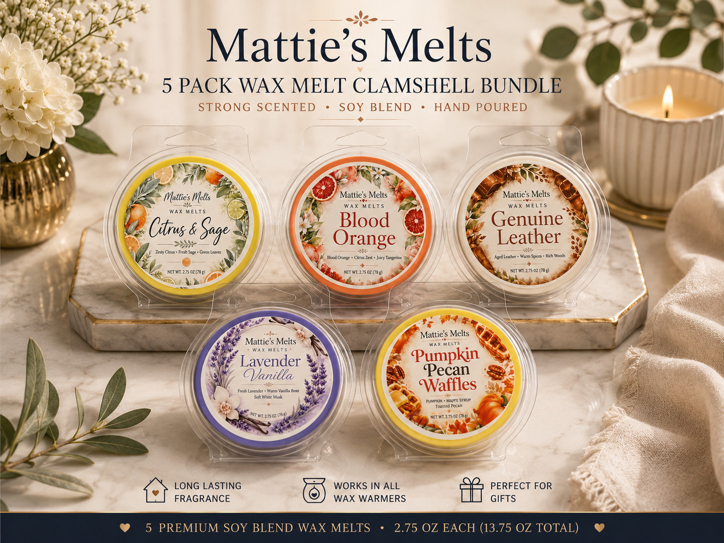 5 Pack Wax Melts Strong Scented Clamshell Bundle Home Fragrance Gift Set