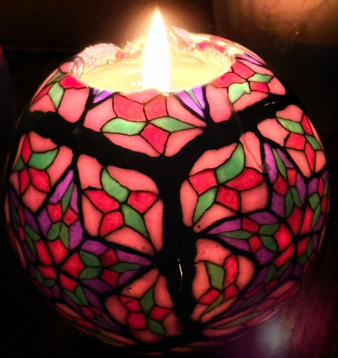 1980’s * VINTAGE LARGE * HAND MADE/PAINTED * GLOW CANDLE * “STAINED GLASS” NEW
