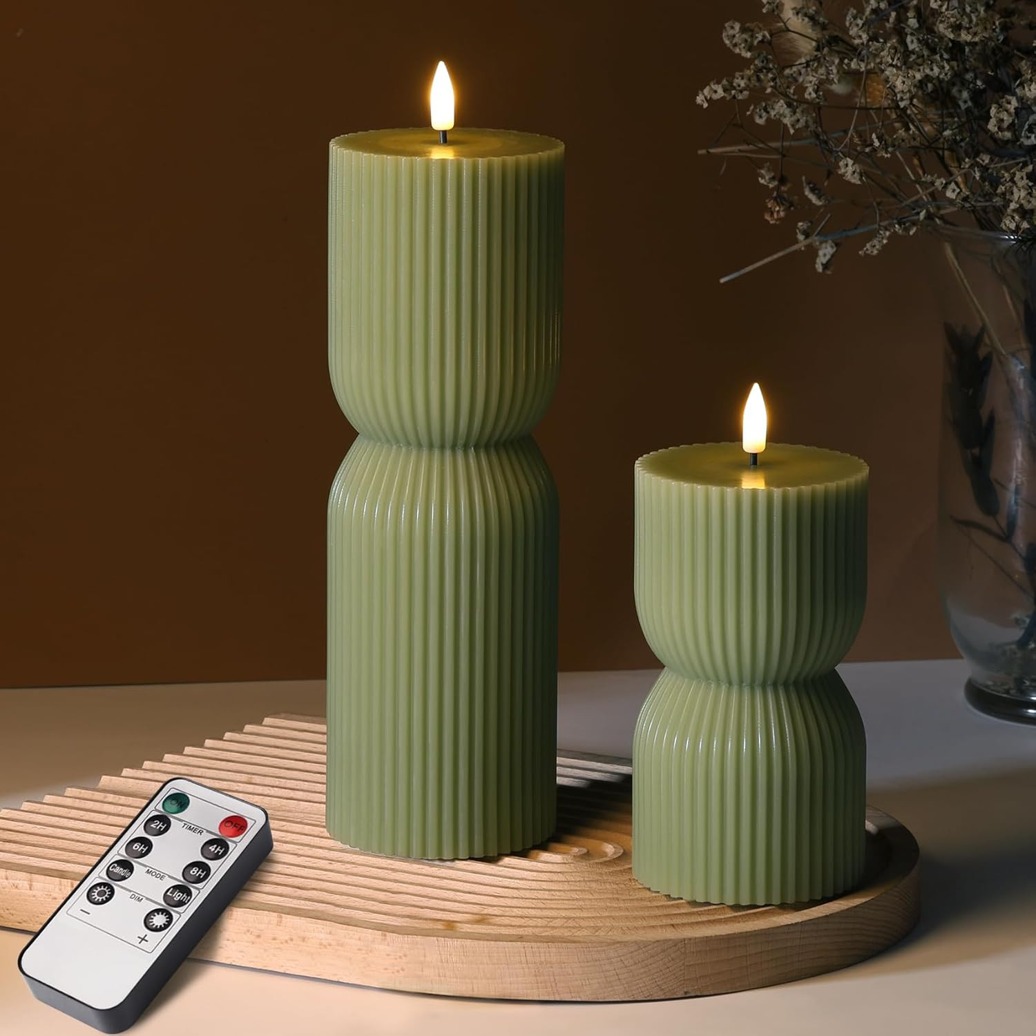 Olive Green Ribbed Flameless Pillar Candles with Remote Set of 2 | 2 AA Battery