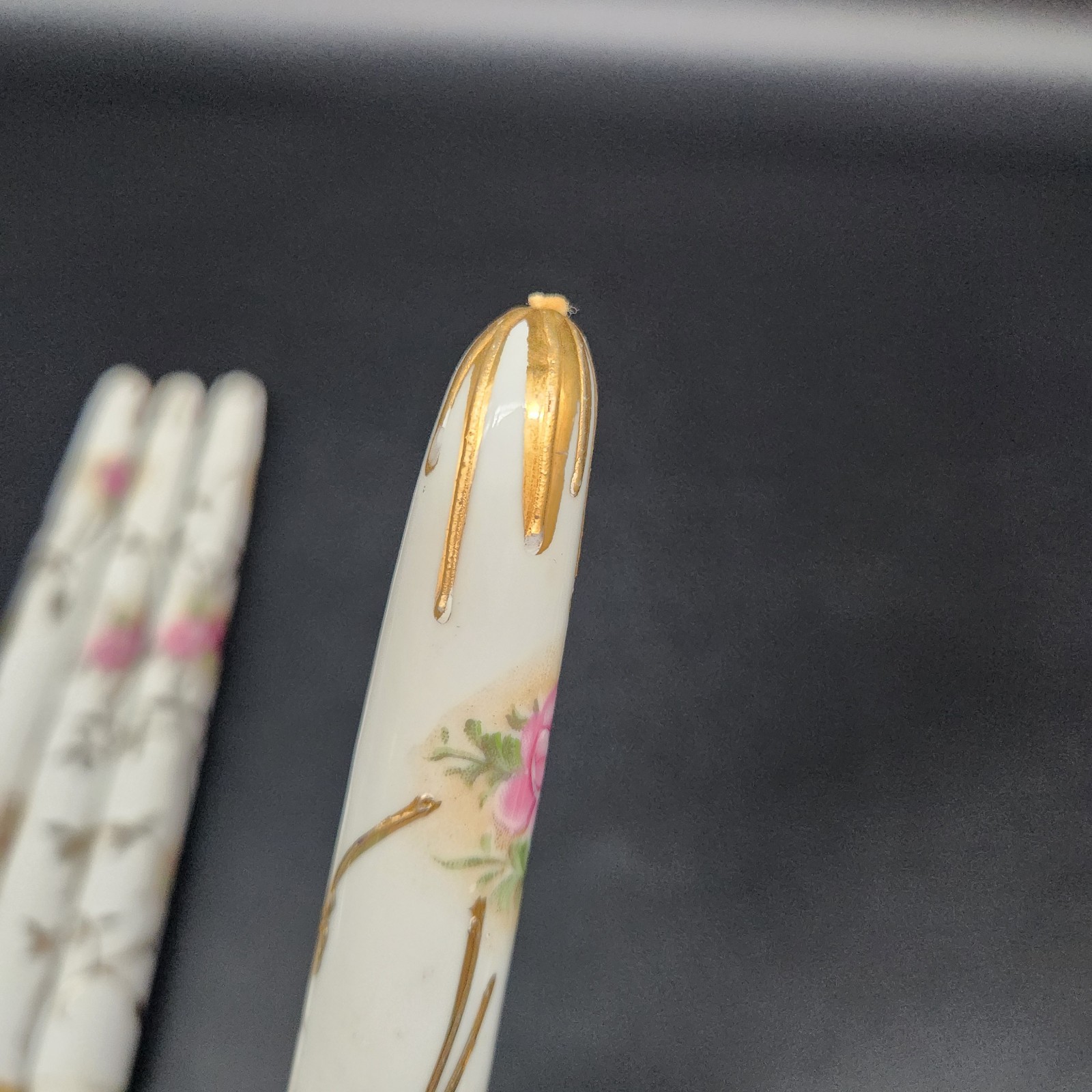 Set of 4 Antique? Porcelain Faux Taper Candles Hand Painted Floral Gold Accents