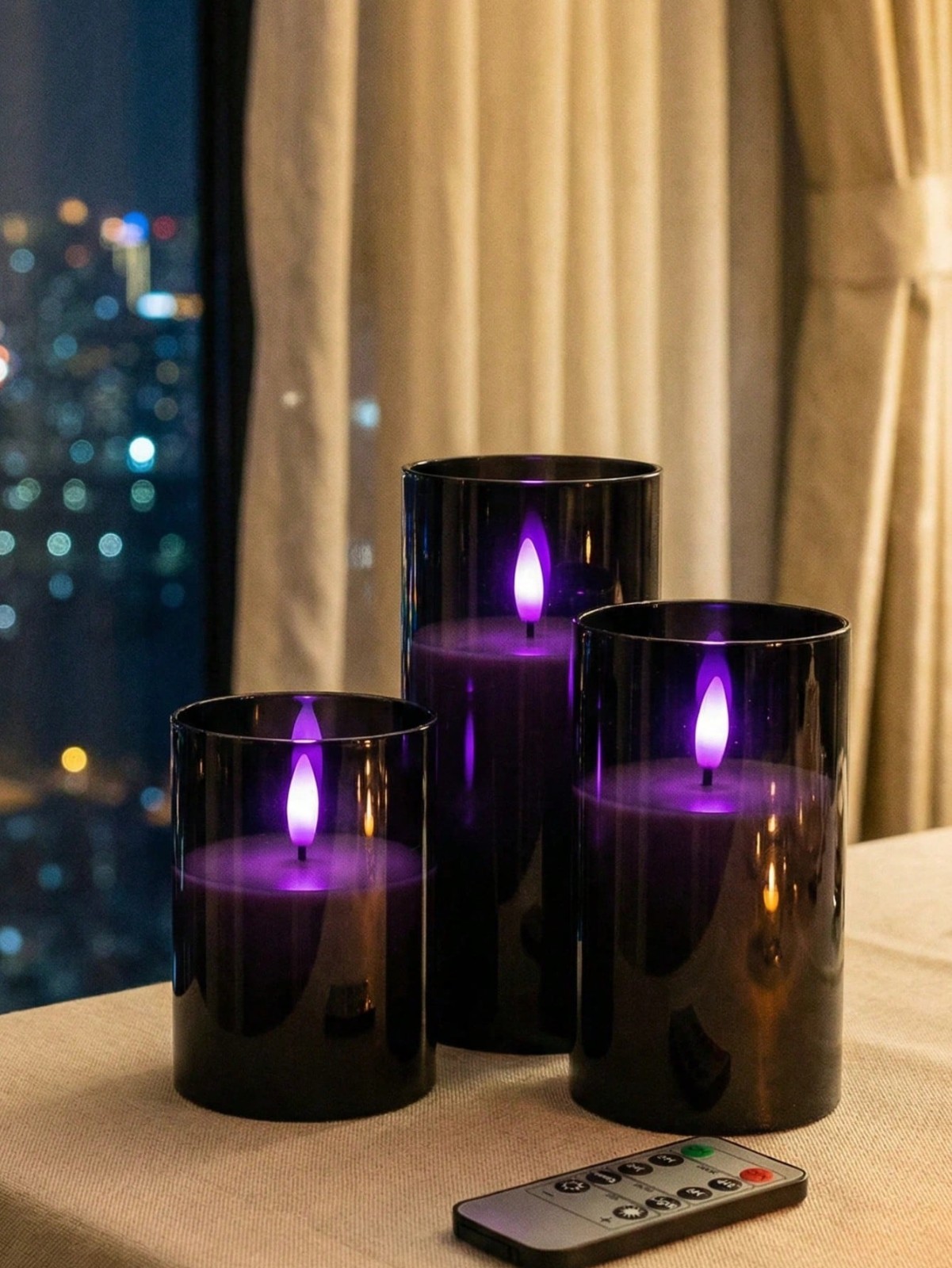 3PCS Black Flameless LED Candles Purple Light Remote Timer Halloween