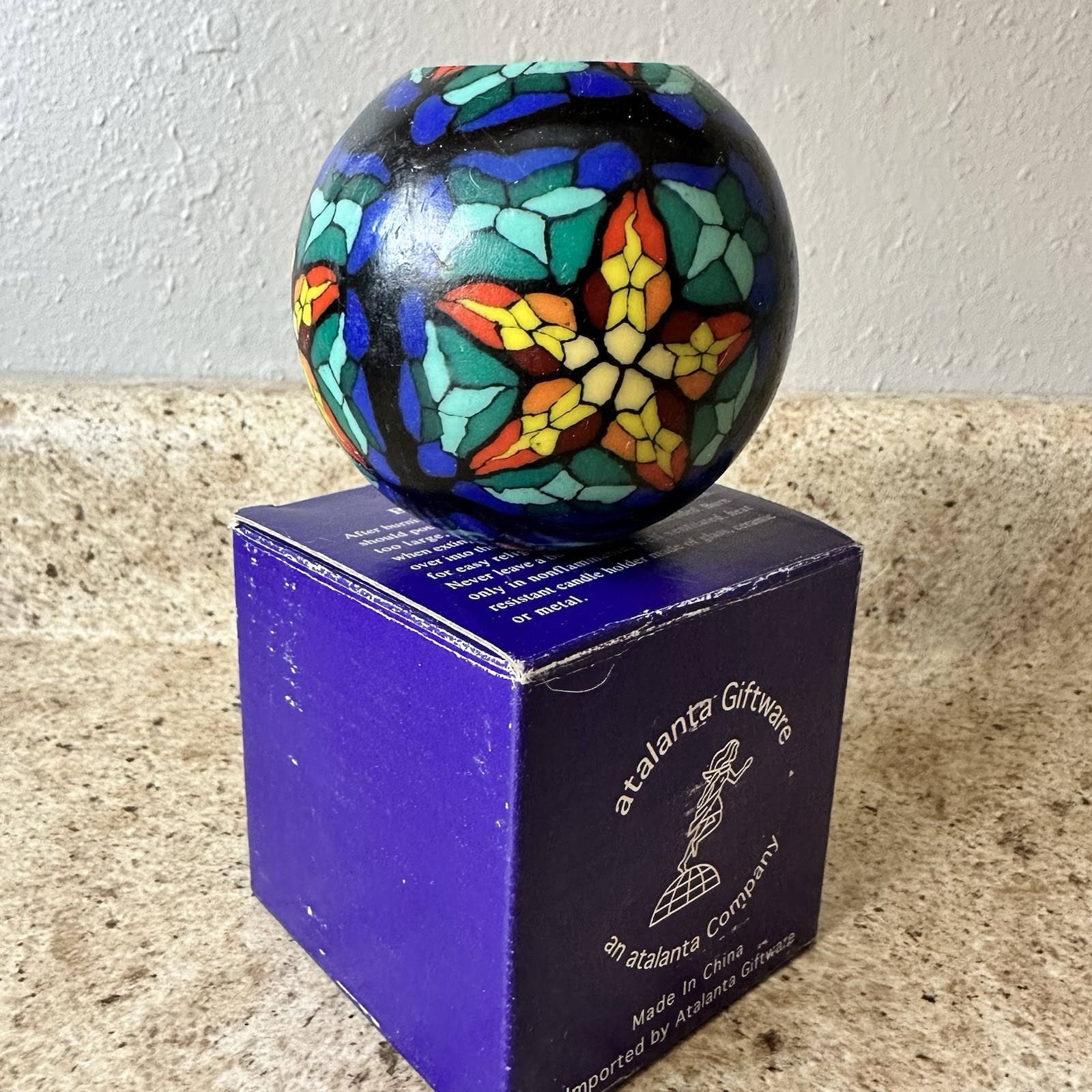VTG 90s Candle Round Glowing Ball Star Stained Glass Millefiori Mosaic With Box