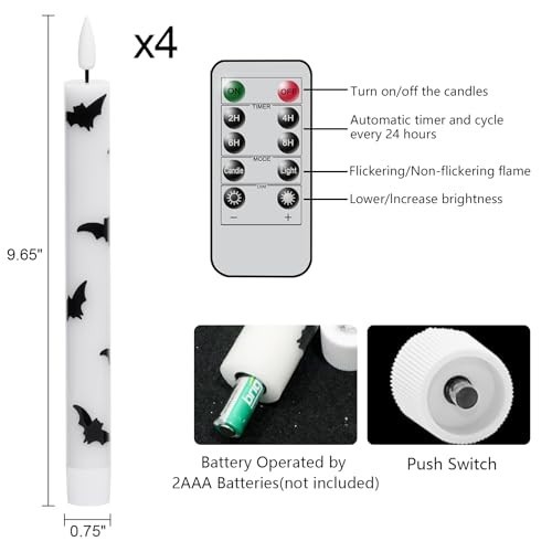 Halloween Flameless Taper Candles 4 Pack LED Battery Operated with Remote Timer