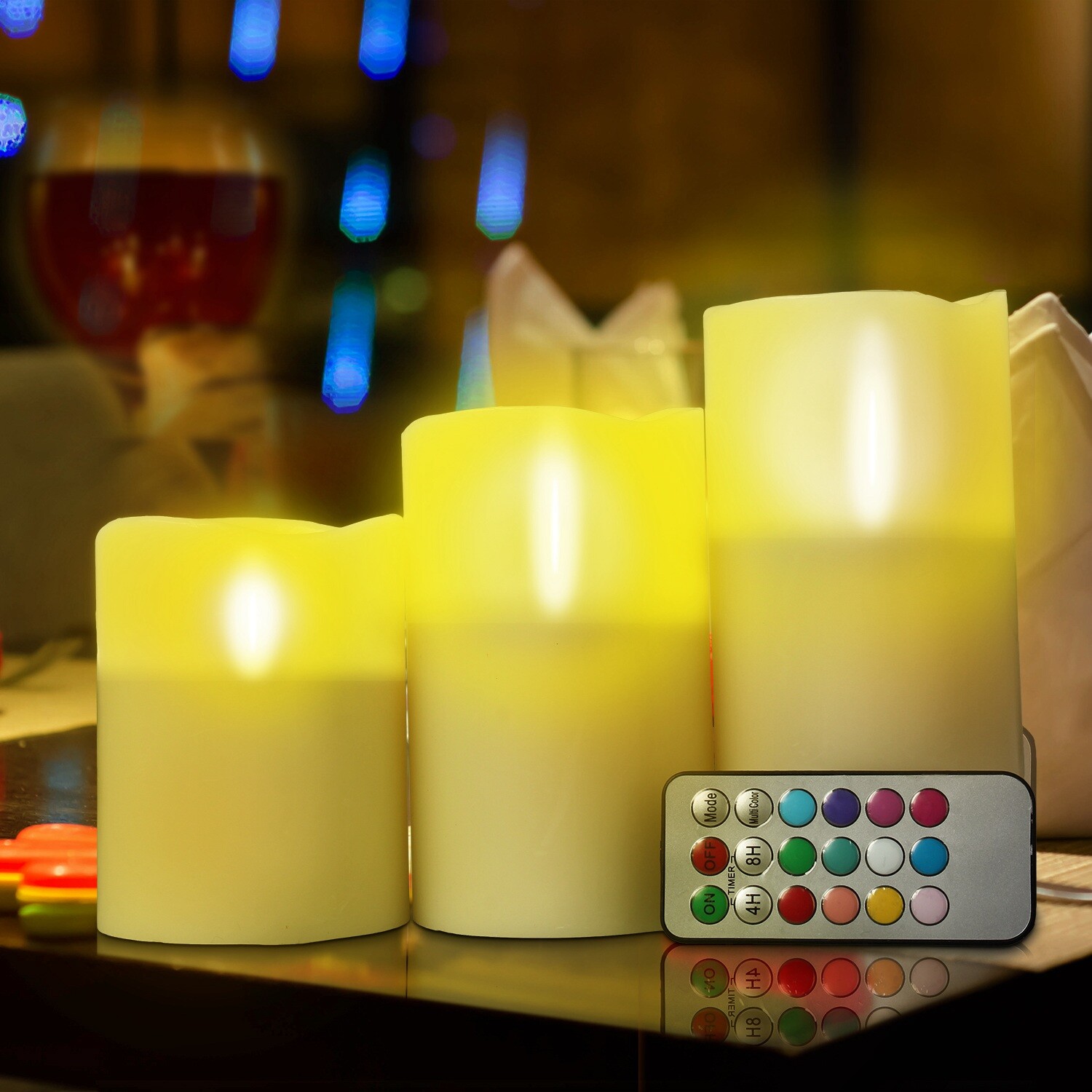 3pc LED Flameless Candles 4″ 5″ 6″ Pillar 12 Color Changing w/ Remote Control