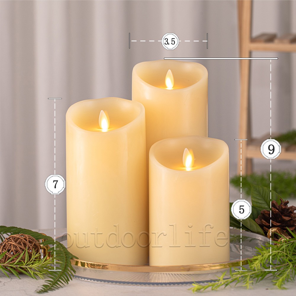 Set of 3 Luminara Flameless LED Pillar Wax Candles w/Moving Flame Remote Ivory