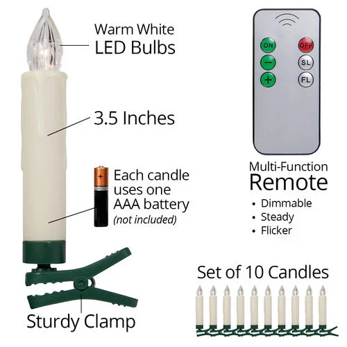 Battery Operated Cordless Flickering LED Candles with Clips & Remote 10 Candles