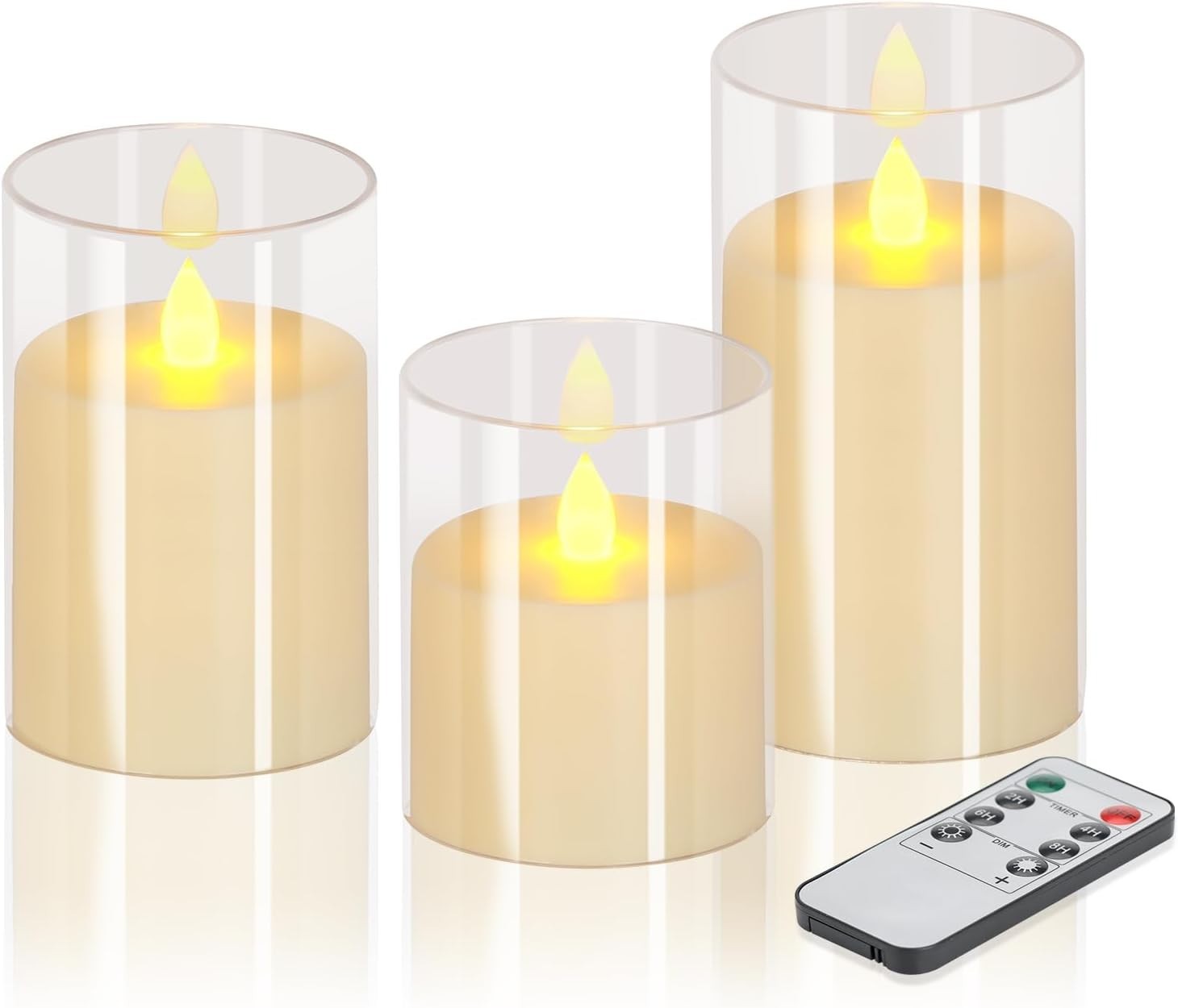 Flameless Candles 4″ 5″ 6″ Acrylic Glass Pillars 3″ Diameter Battery Operated…