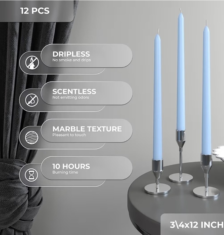 Light Blue 10 inch Taper Candles Set of 12 – Unscented Smokeless Dripless Tal…
