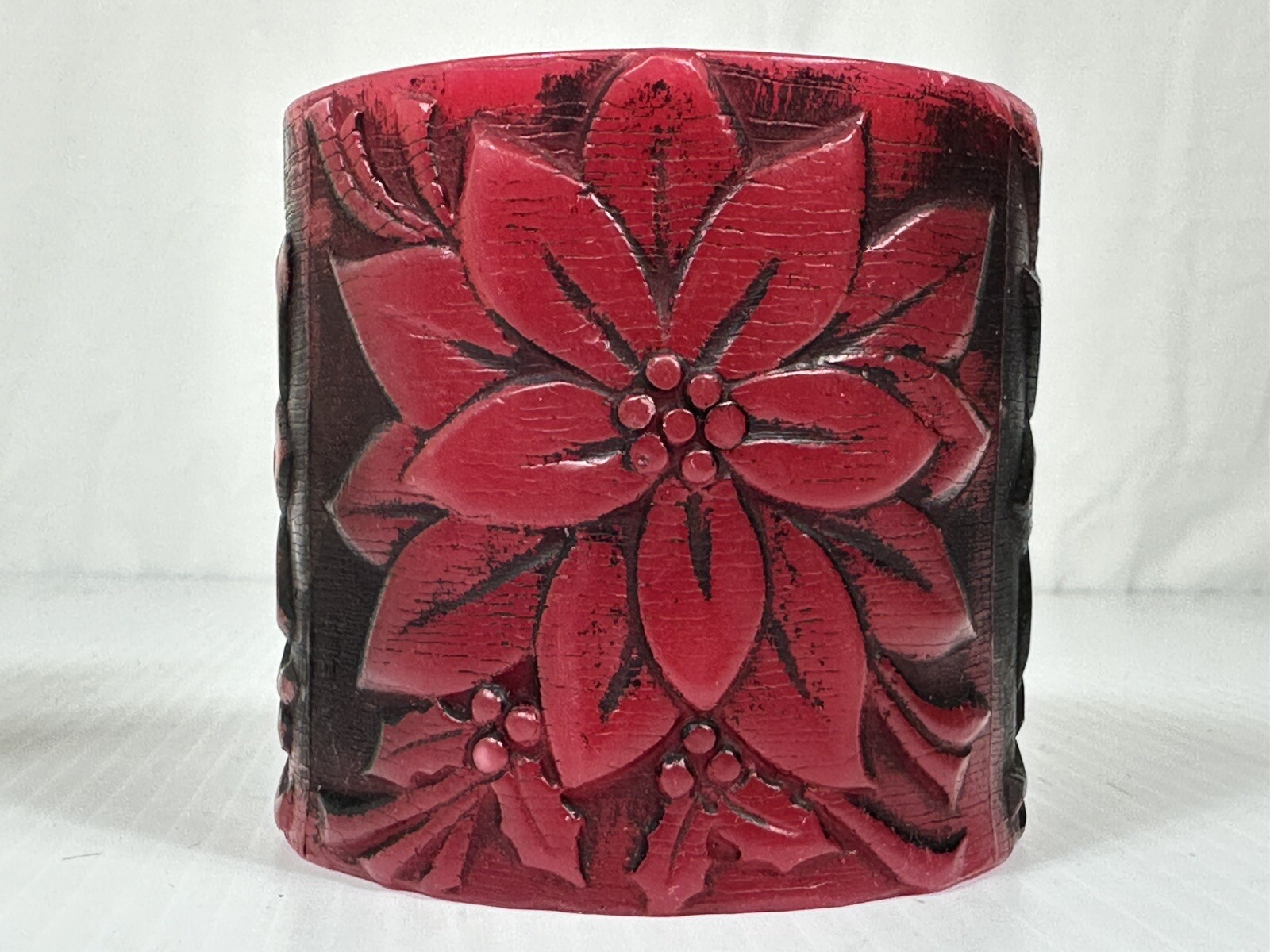 Vintage Poinsettia Pillar Candle Antique Red Floral Design Colonial Candle Box