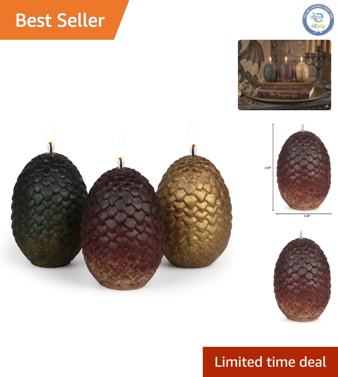 Authentic Dragon Egg Candle Set of 3 – Unscented, Gift for Fantasy Lovers