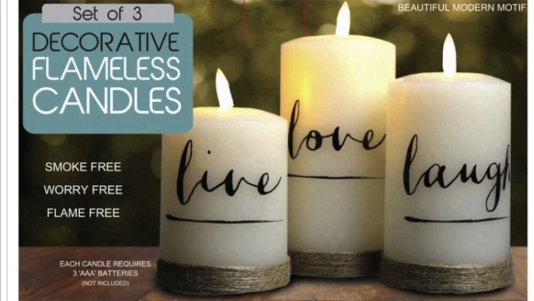 Set of 3 Decorative Flameless LED Candles ‘Live Love Laugh’ White Modern Battery