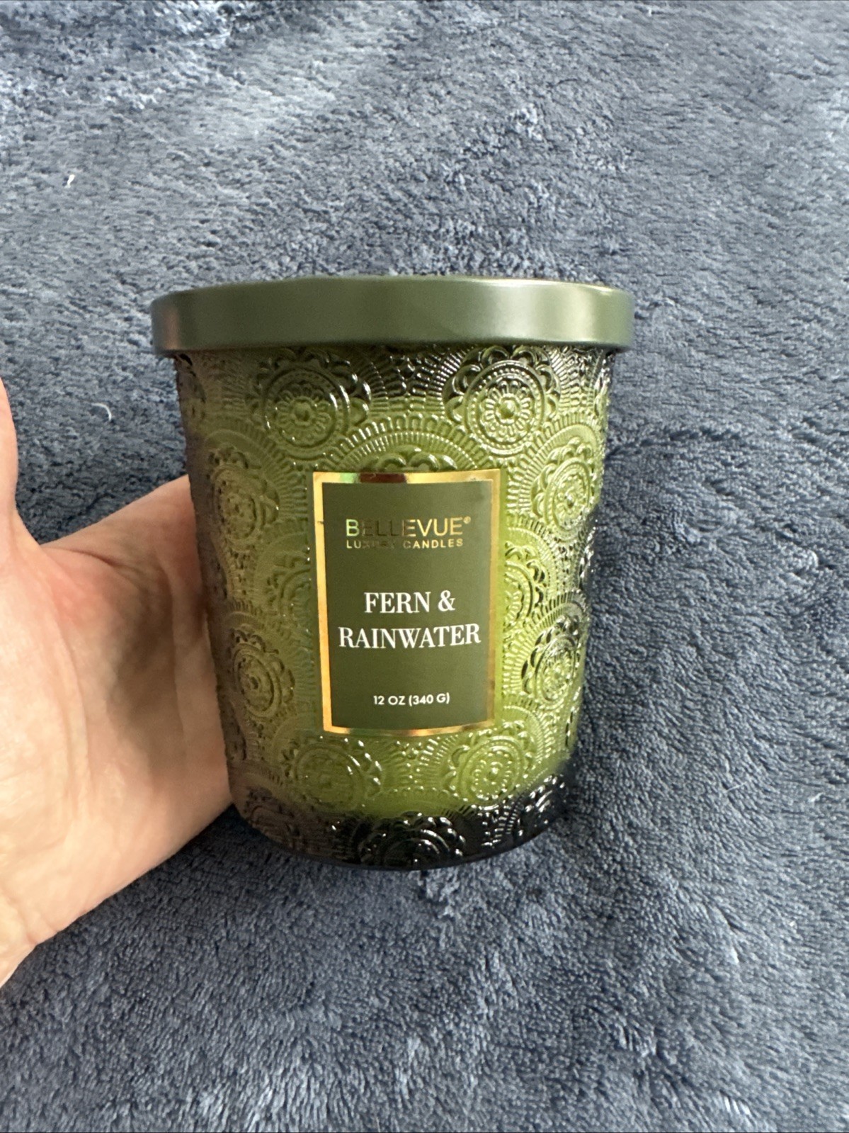 NEWBellevue Candle Forest Fern & Rainwater Embossed Green Soy Wick 12 Oz