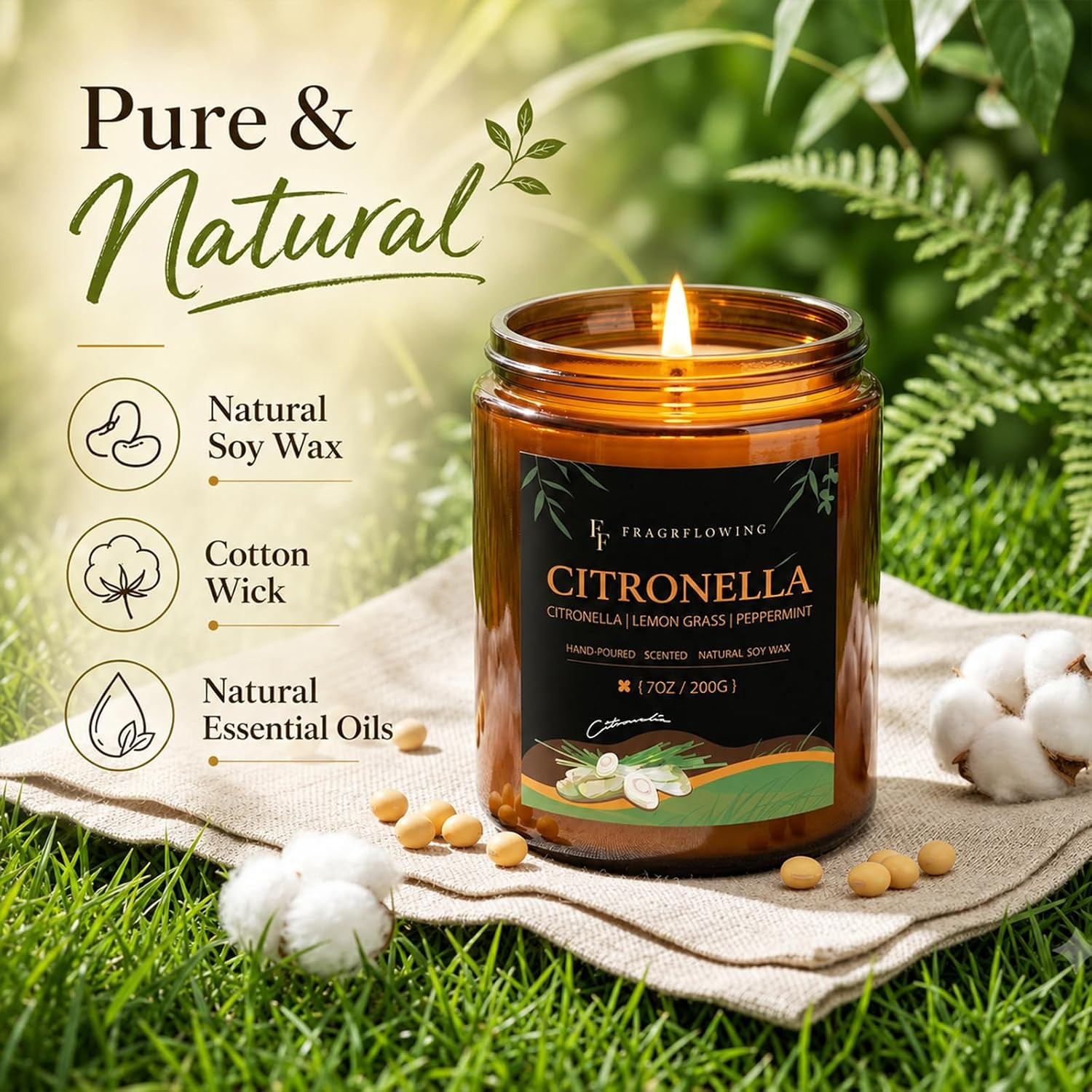 Citronella Candle, Indoor Outdoor Lemongrass Scented Candle，Natural Soy Wax Jar