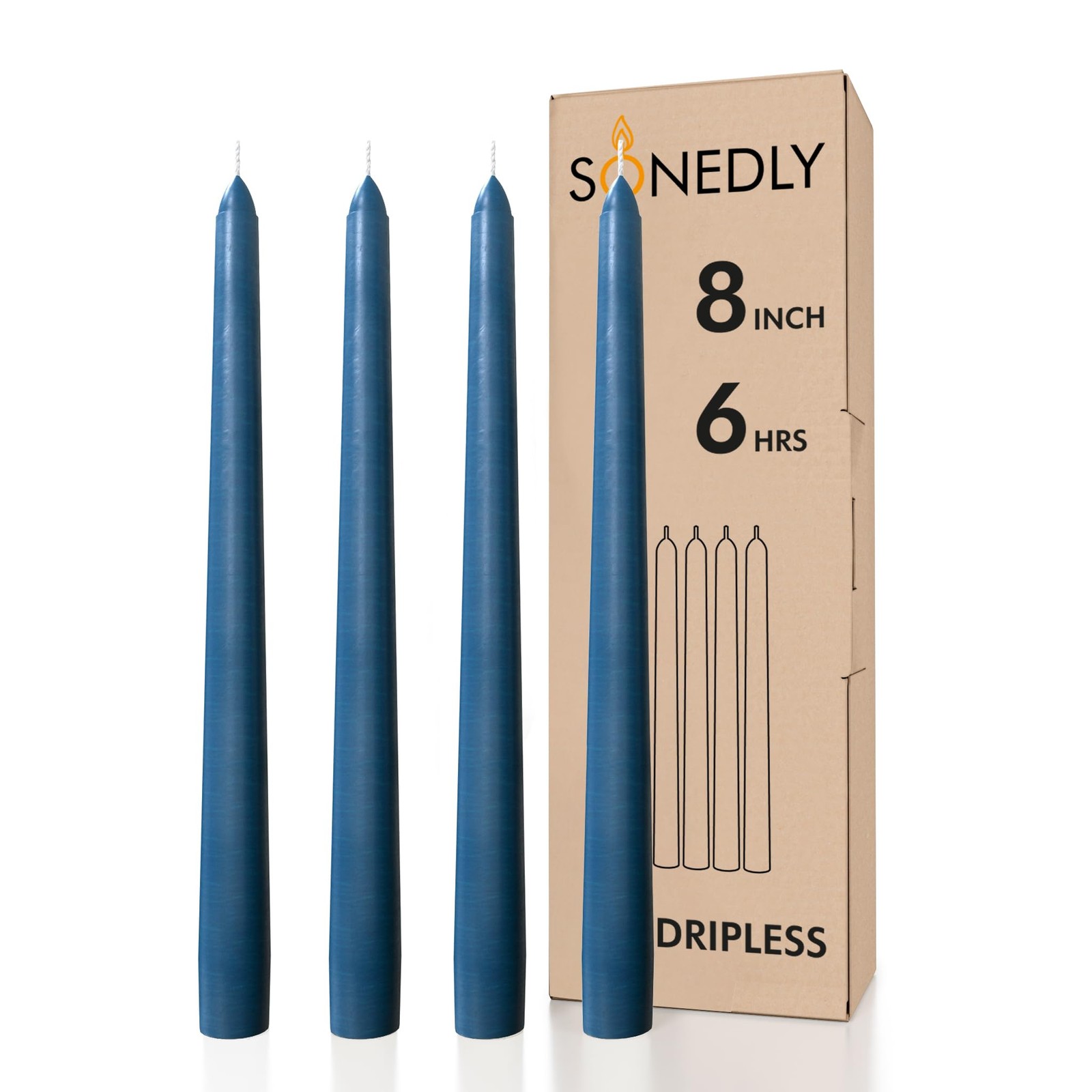 4 PCS Dark Blue 8 Inch Taper Candle Dripless Smokeless 6 Hour Candlesticks