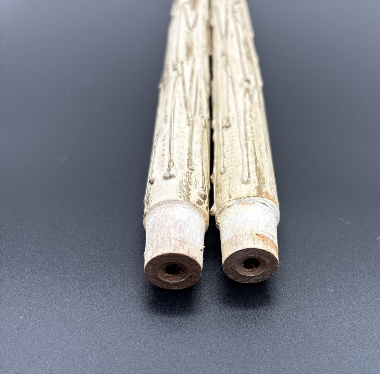 Vintage Pair of Wood Faux Drip Tapered Candles Cream and Gold Mid Century Modern