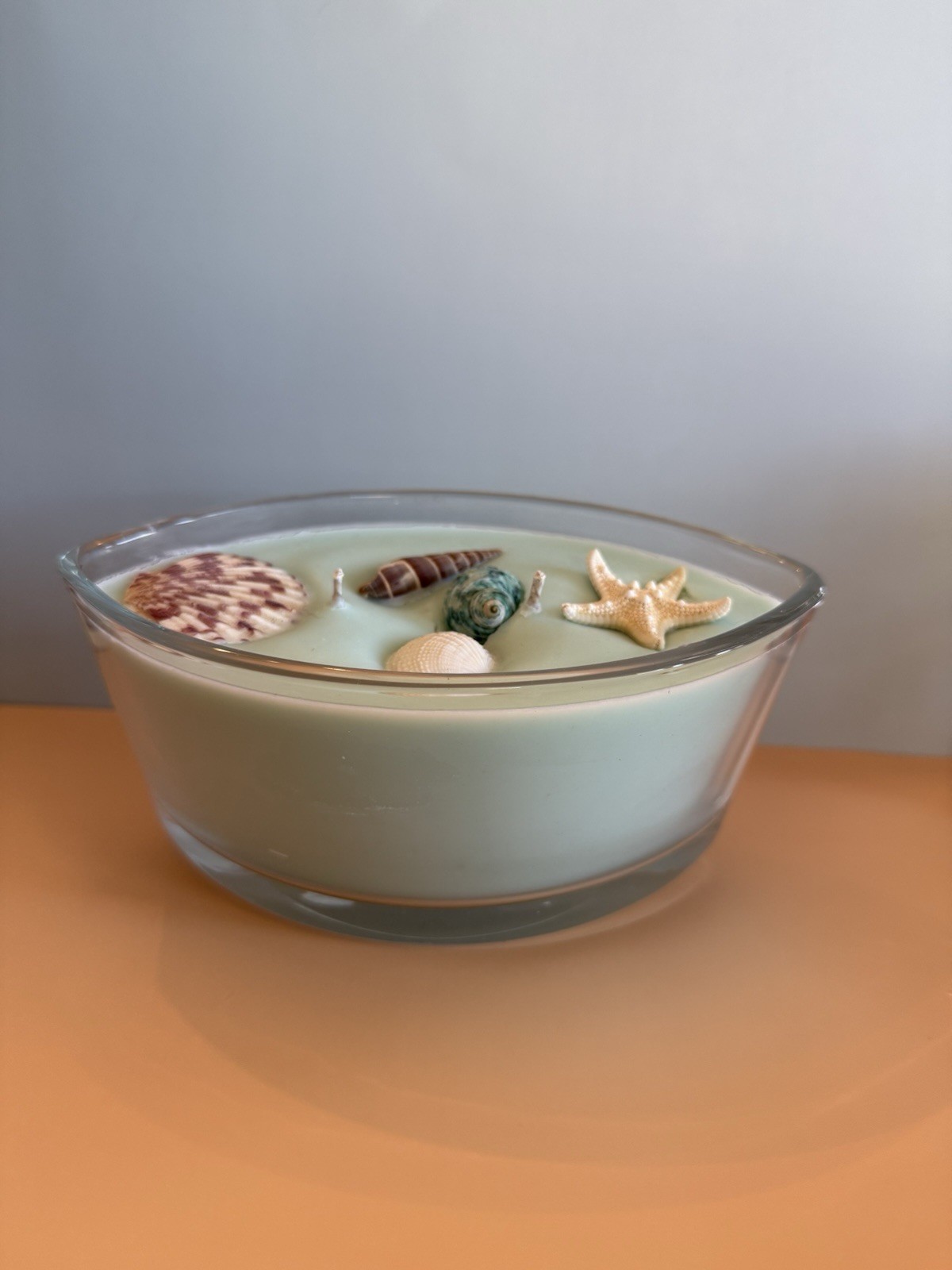 Light Blue Oval Glass Jar/Container Wax Candle, Scented, Sea Life Beach Decor