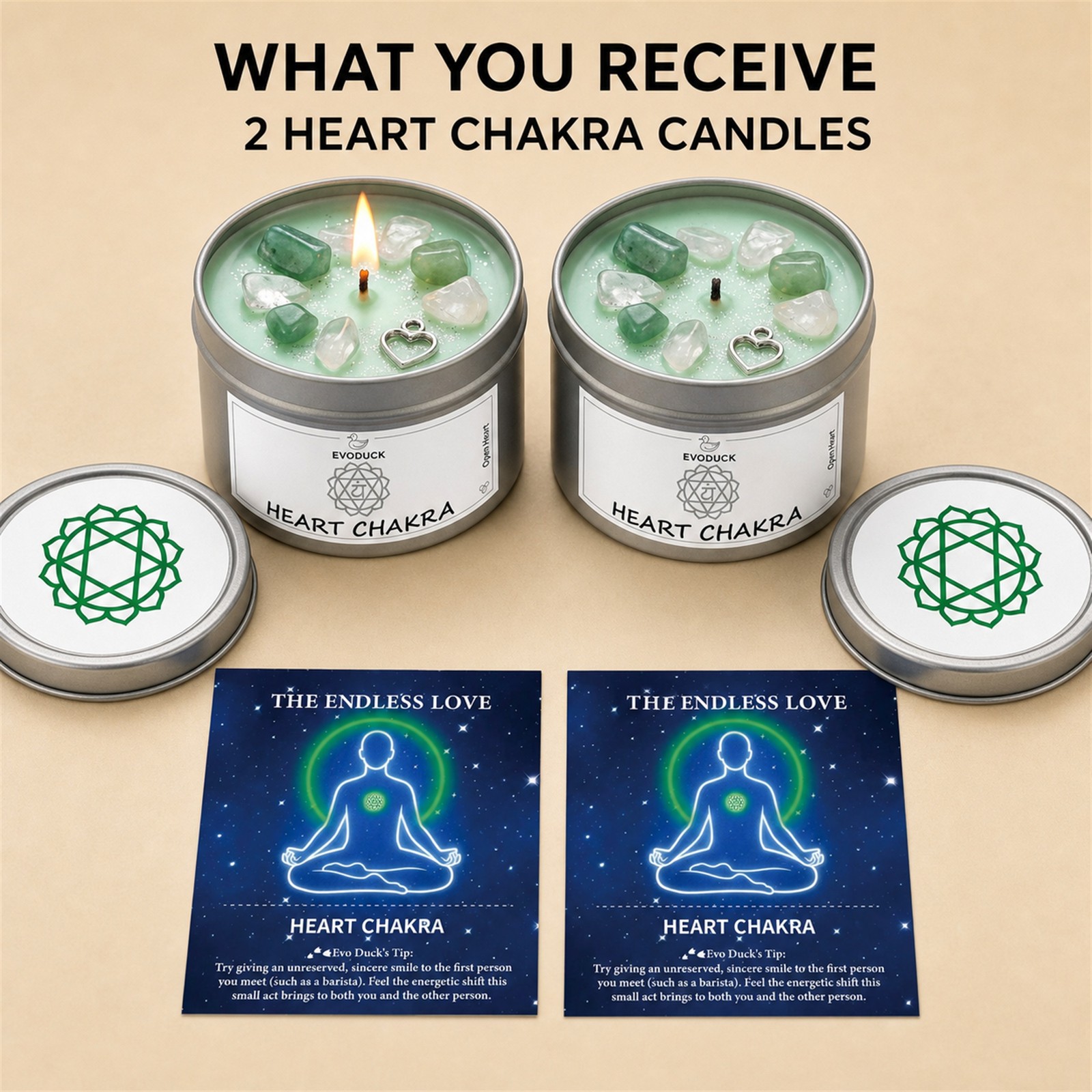 2-Pack EVODUCK Heart Chakra Healing Candles w/ Crystals, Rose, 3 oz