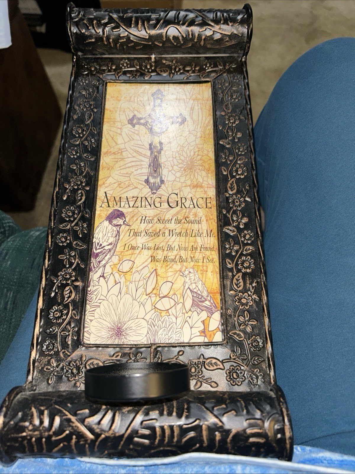 Amazing Grace Light Weight Metal Votive Wall Sconce 5 3/4”x 13” Birds Cross