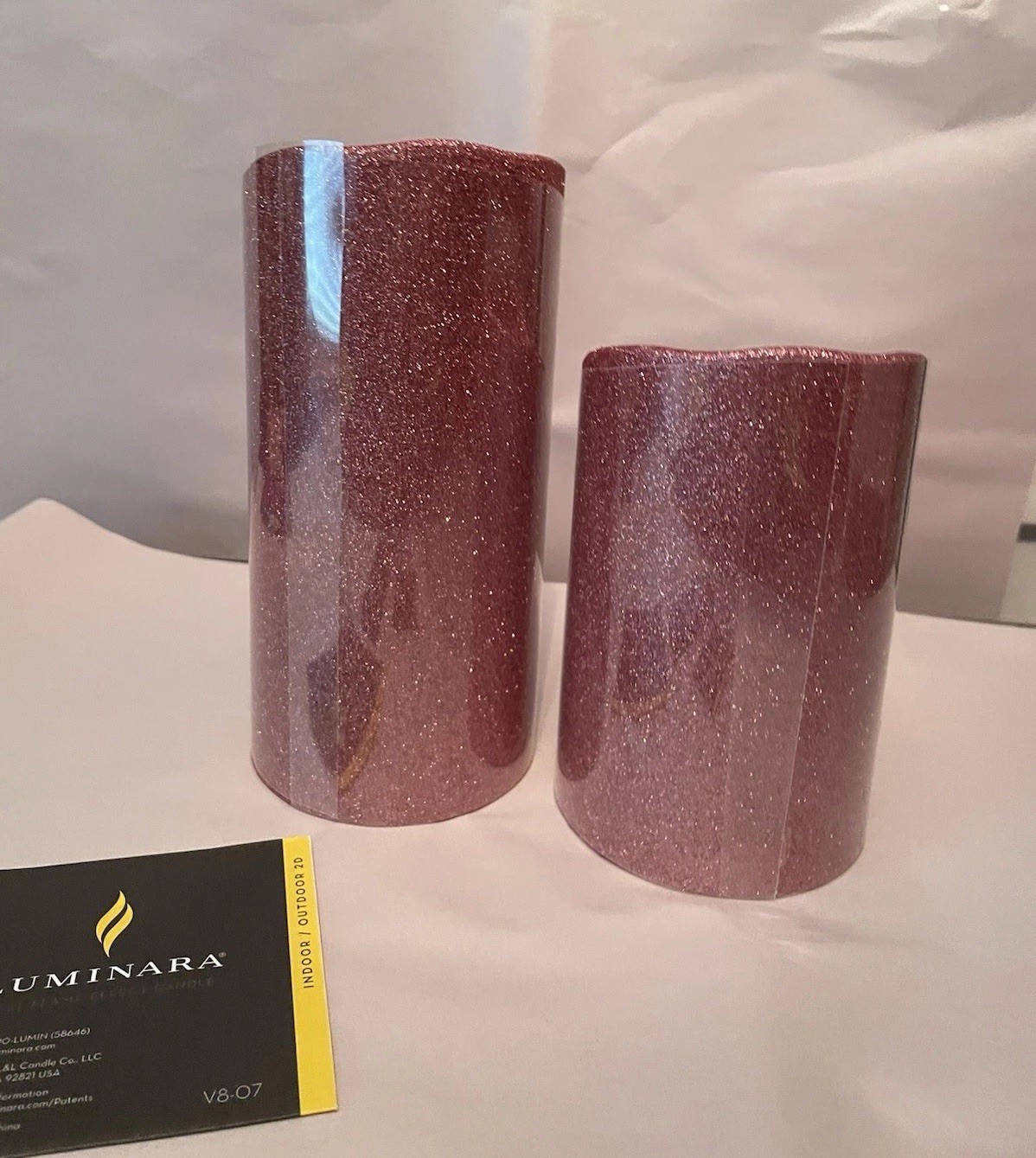 Luminara Flameless 5″ & 7″ Pink Glitter 2 pack Candle Set Timers and one remote