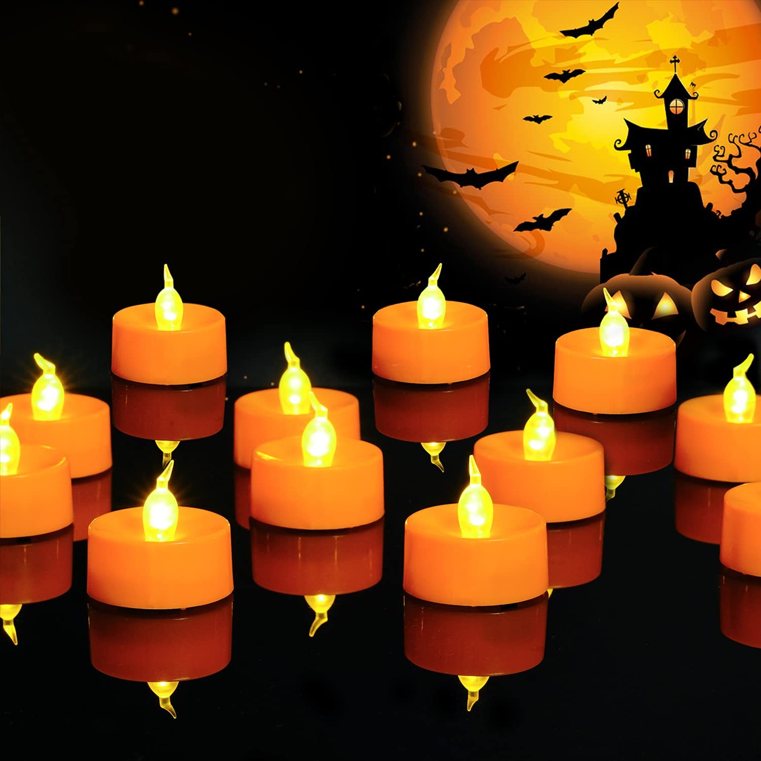 Halloween 24 Pack Orange Tea Light Candles, Battery Operated LED Tealights, S…