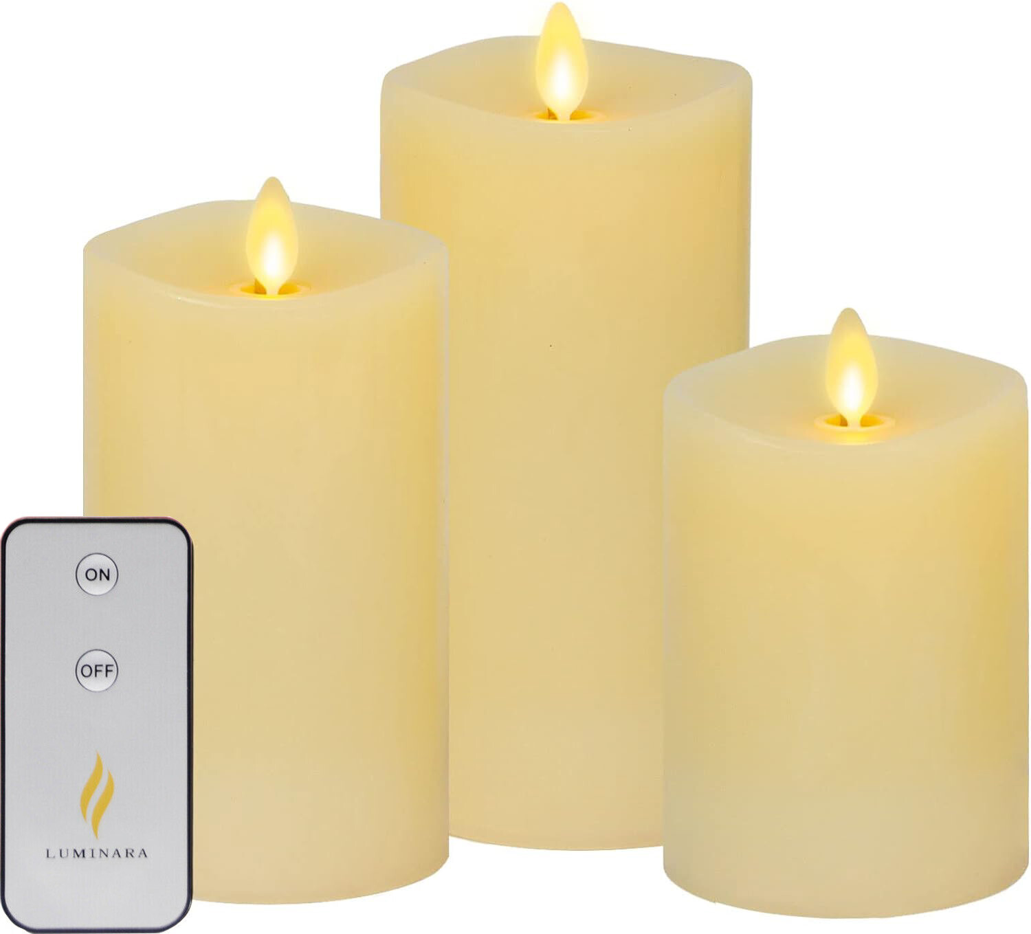 Set of 3 Luminara Flameless Wax Pillar LED Candles with Remote Ivory Moving Wick