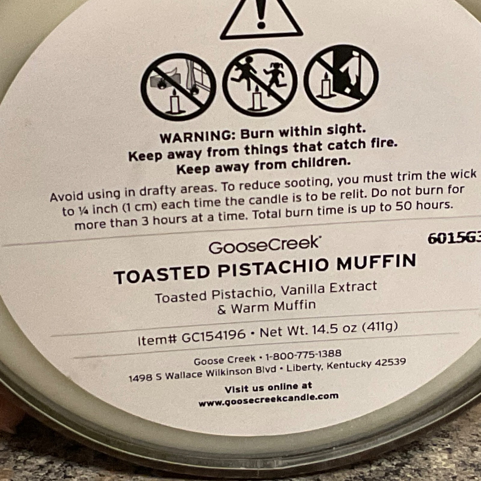 GooseCreek Toasted Pistachio Muffin Scented 3 Wick Candle 14.5 oz soy wax blend.