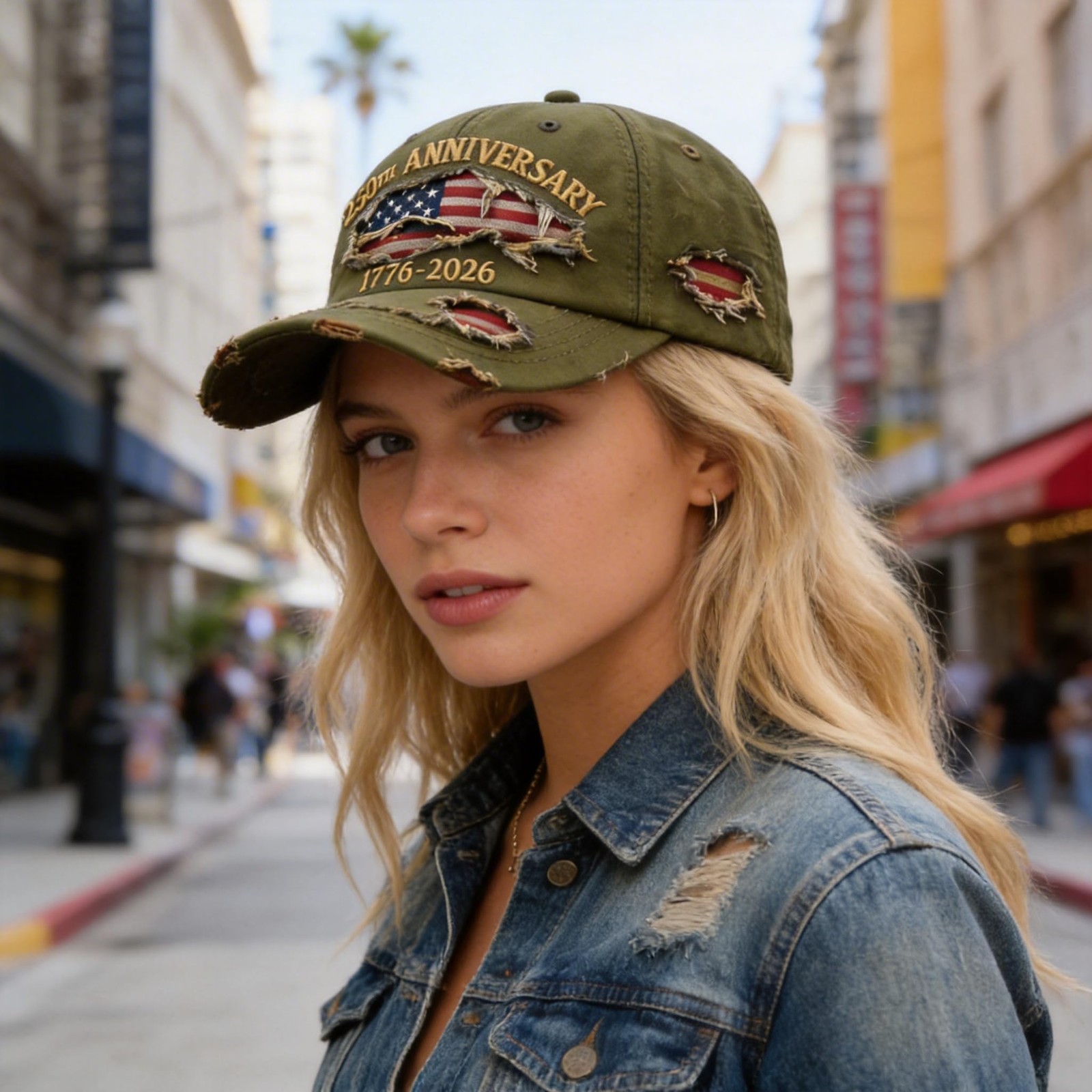 250 Anniversary USA Hat 1776-2026 Flag Vintage Washed Hat Distressed Denim Em…