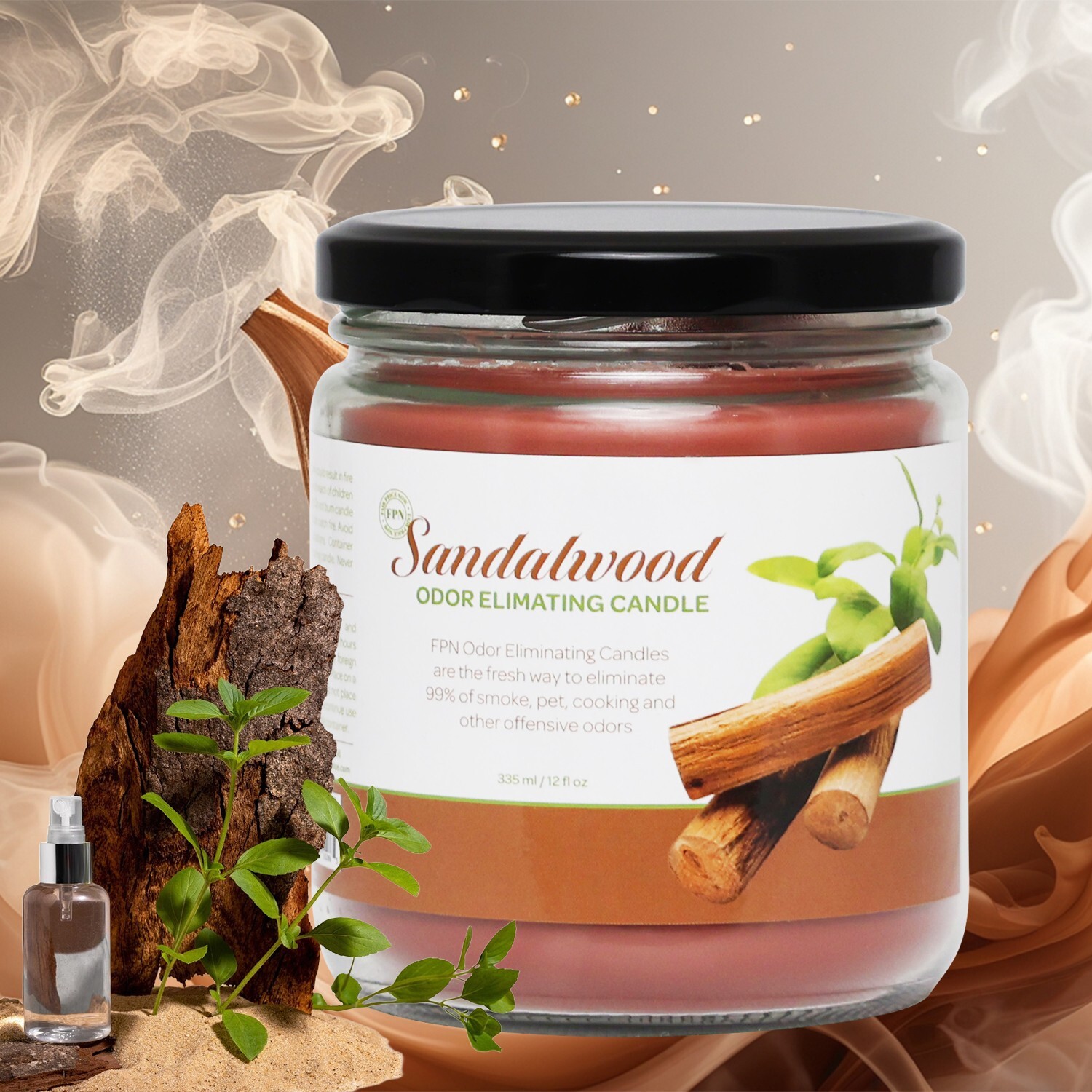 FPN Smoke Scented Odor Eliminating Candles Natural Soy Wax Candle Sandalwood-2Ct