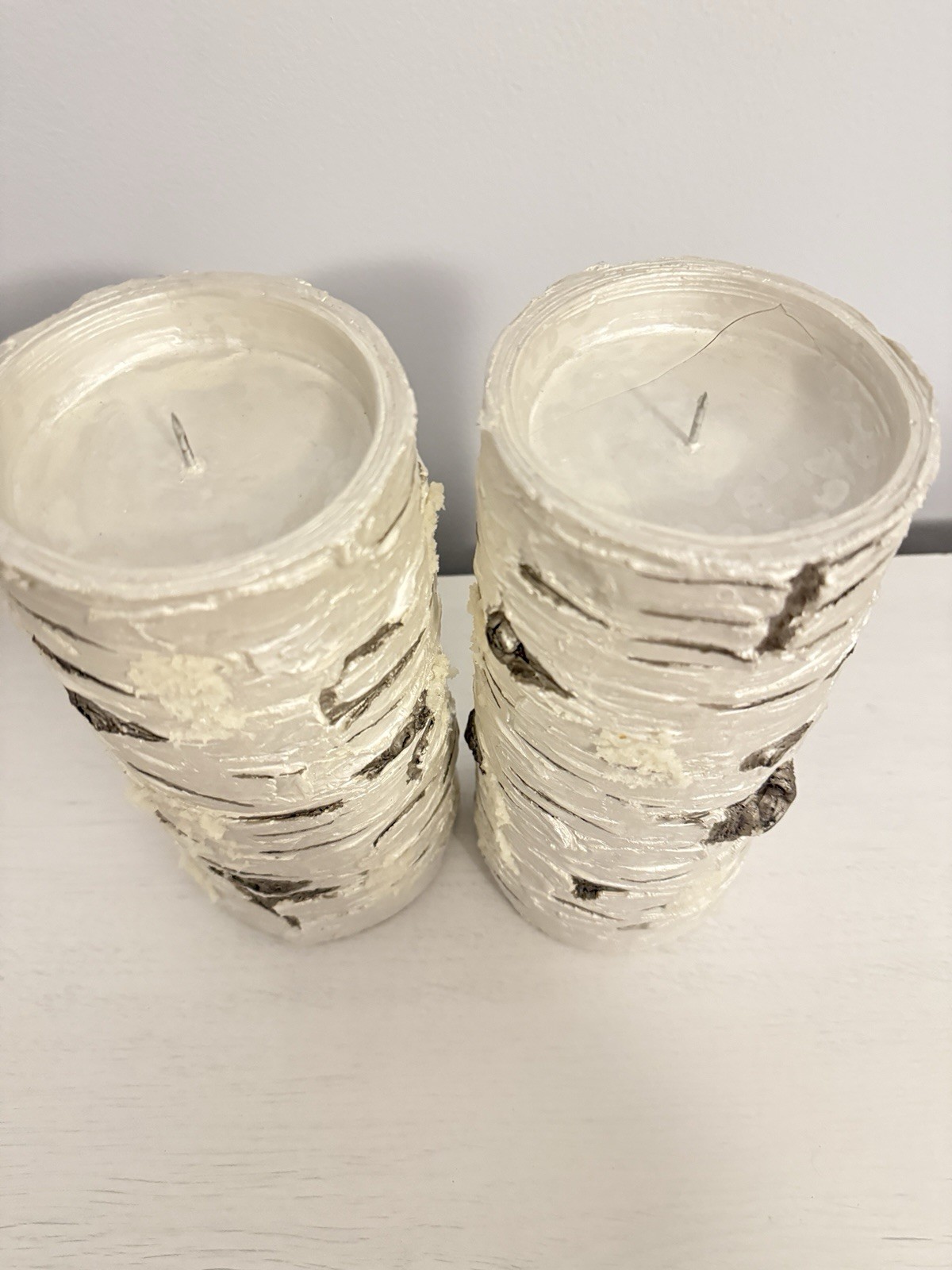 Faux Birch Bark Pillar Candles Set of 2 White Rustic Woodland Decor Farmhouse