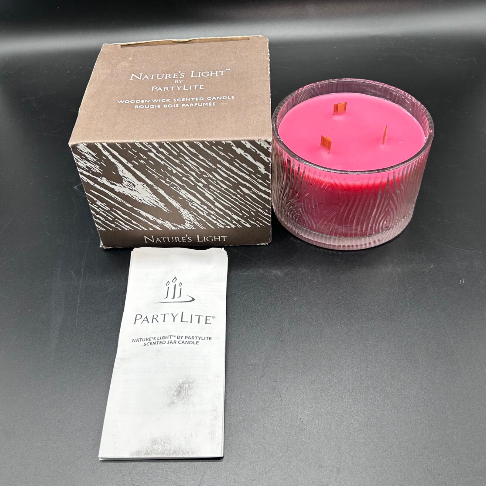 Nature’s Light Partylite Wooden Wick Candle Rosewood 14.6 oz New
