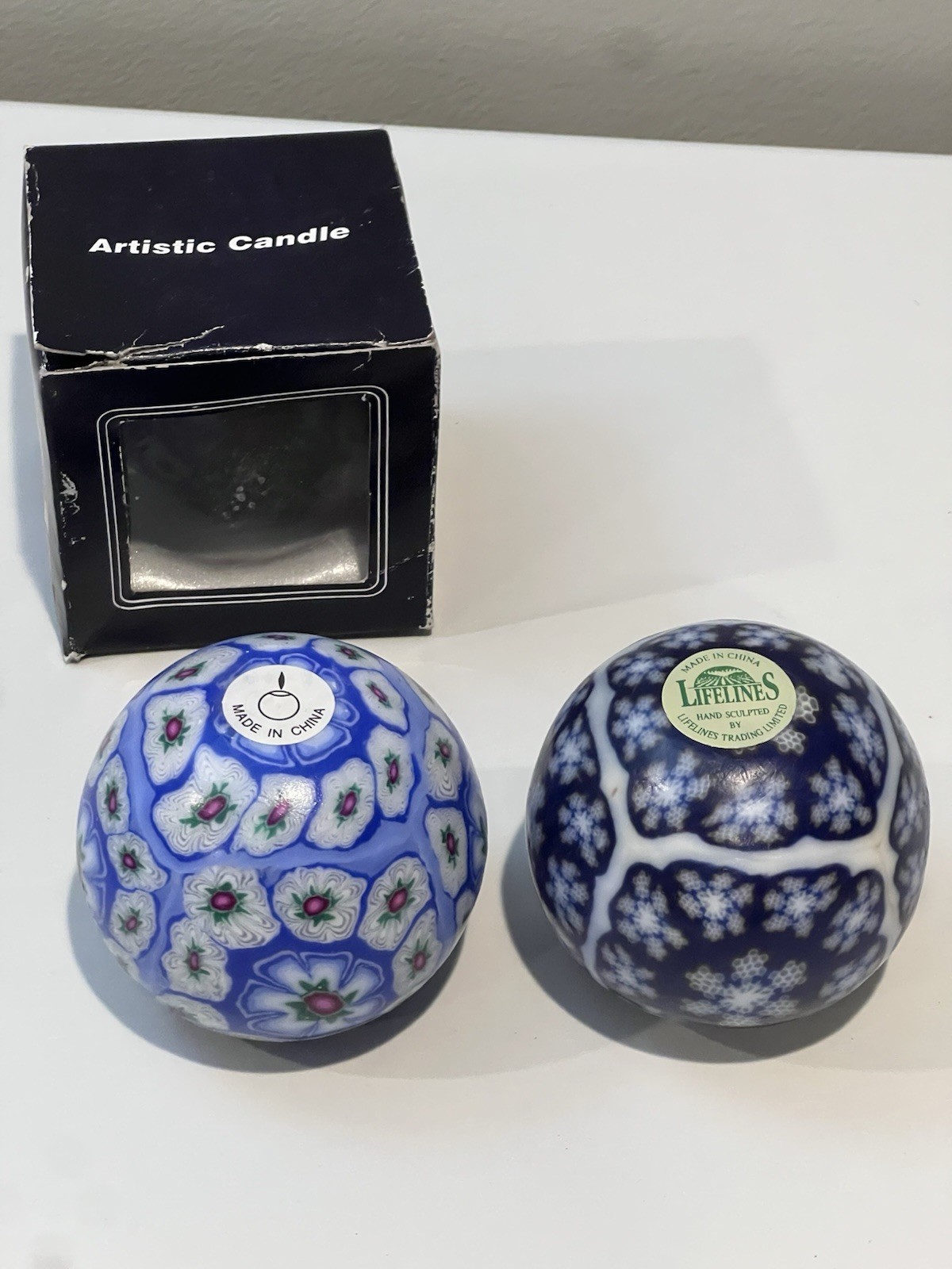 Lot Of 2 VTG 90s Glowing Candle Blue White Globe Candle Millefiori NEW!