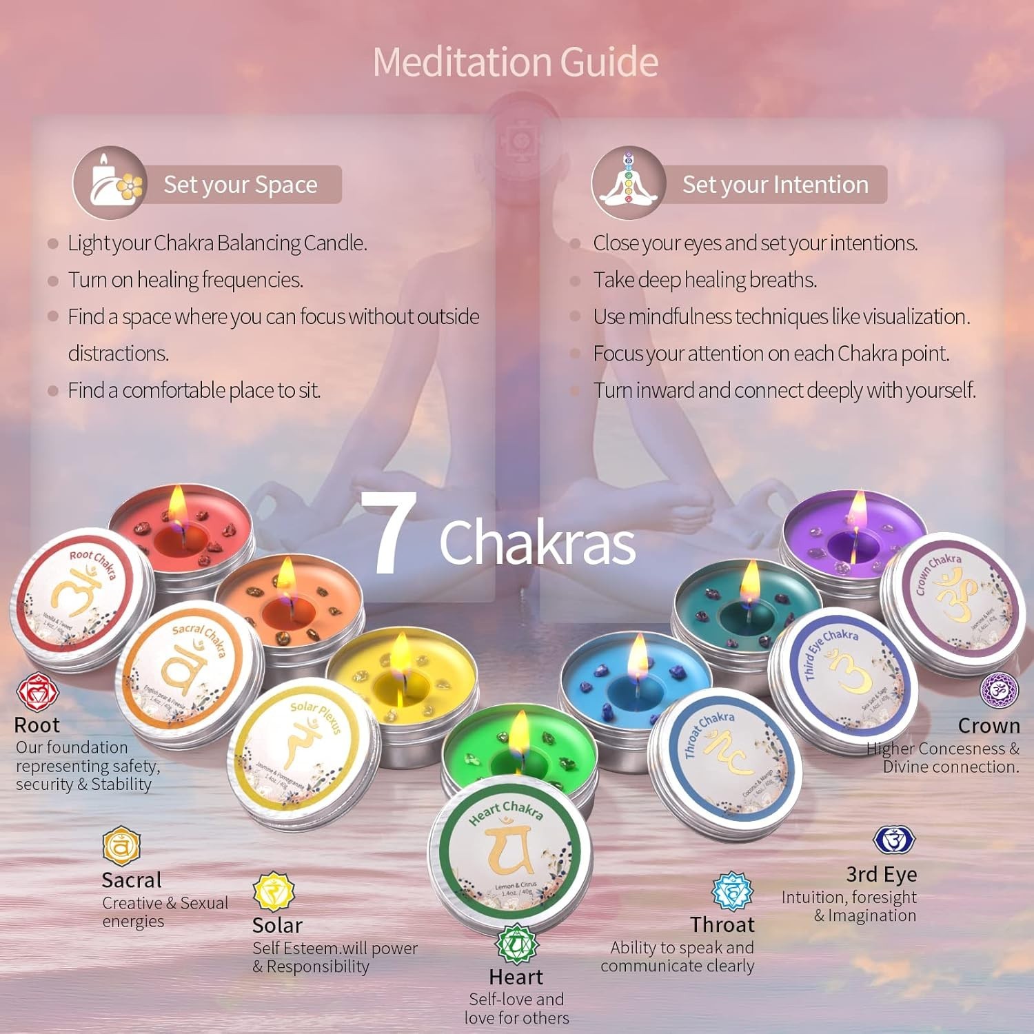 7 Chakra Healing Candles Crystal Scented Set for Meditation, Yoga & Relaxation