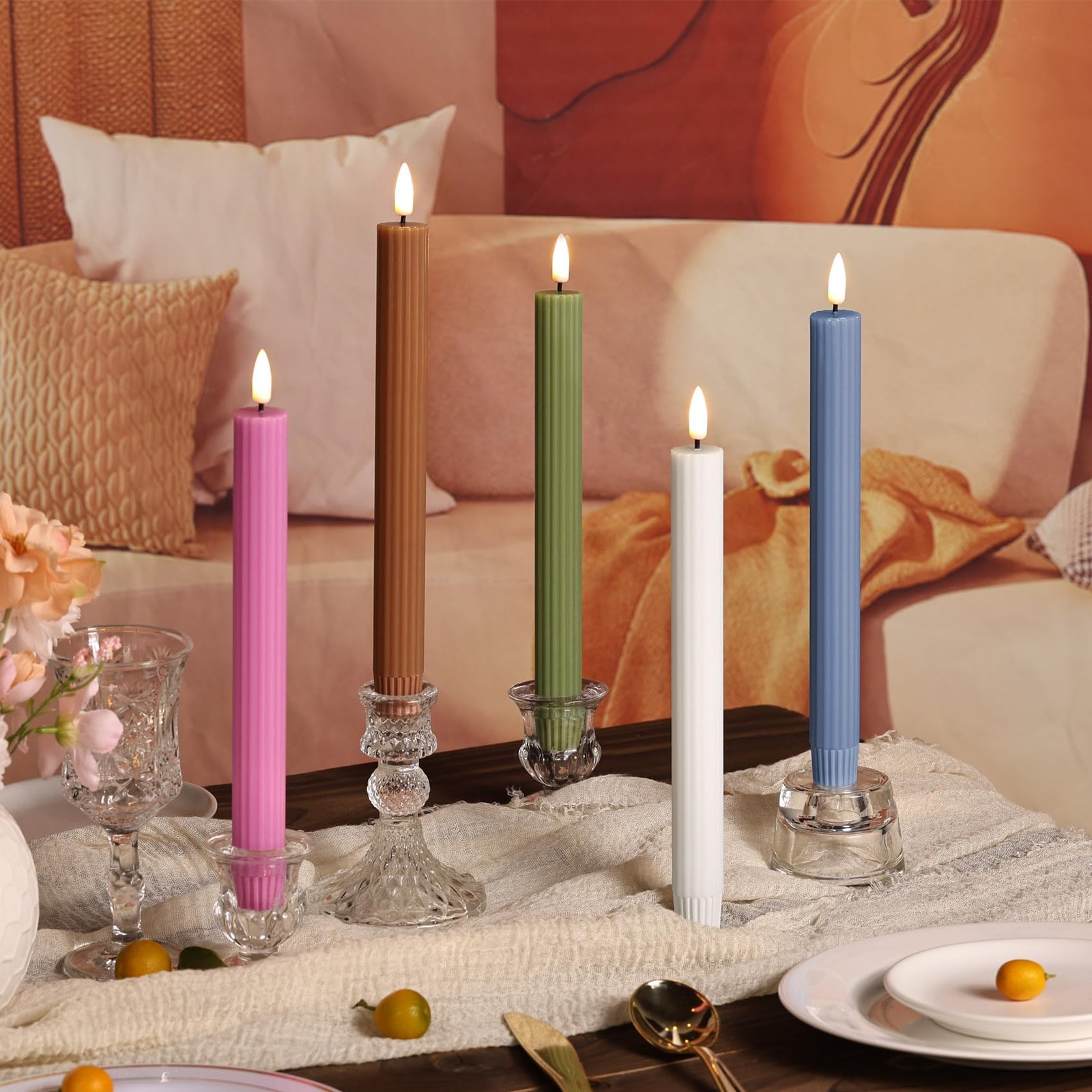 4 PCS Olive Green Ribbed Flameless Taper Candles Remote Flickering Wax