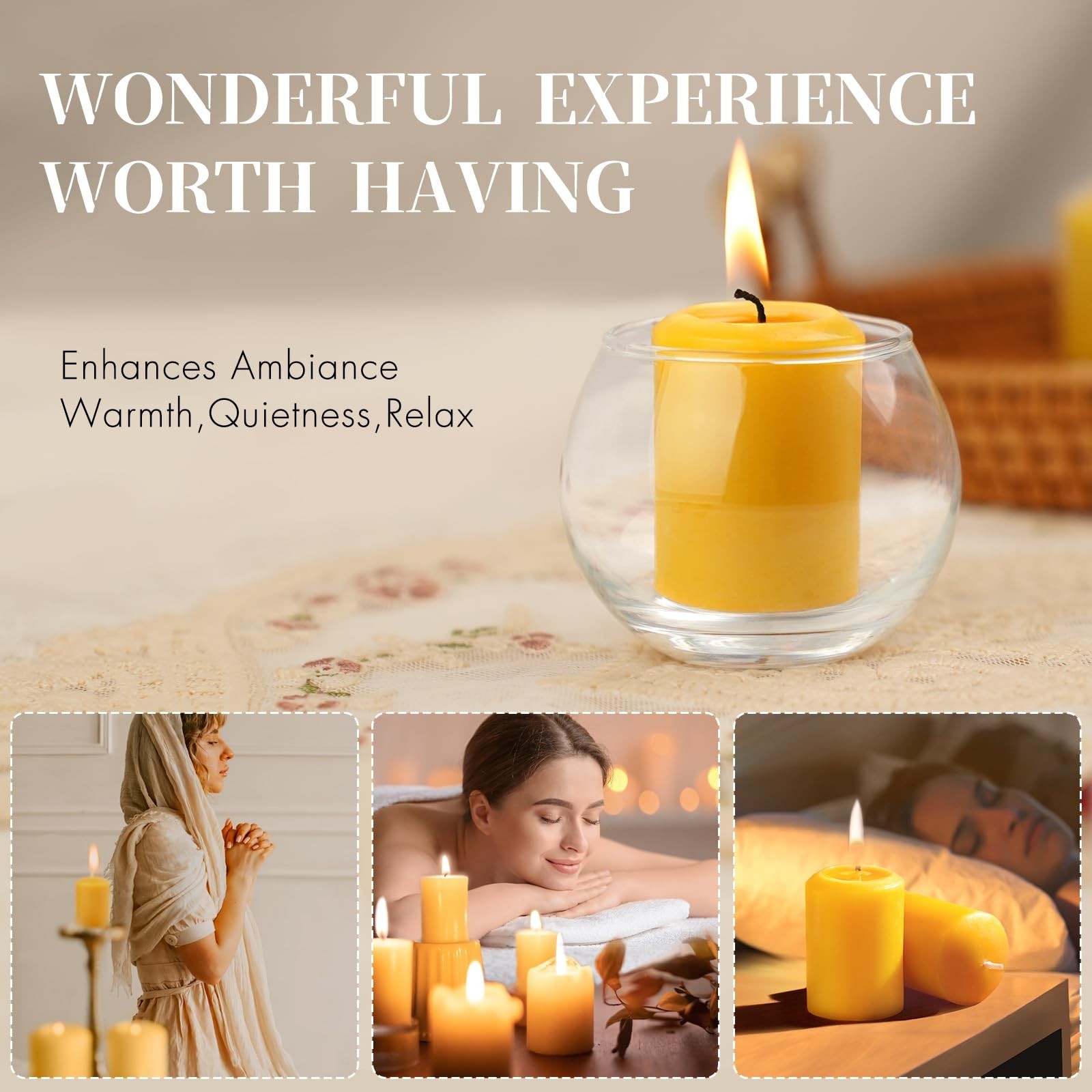 Bulk Beeswax Votive Candles 24 Pack | 8+ Hour Burn, Non-Toxic, Unscented, Lead-F