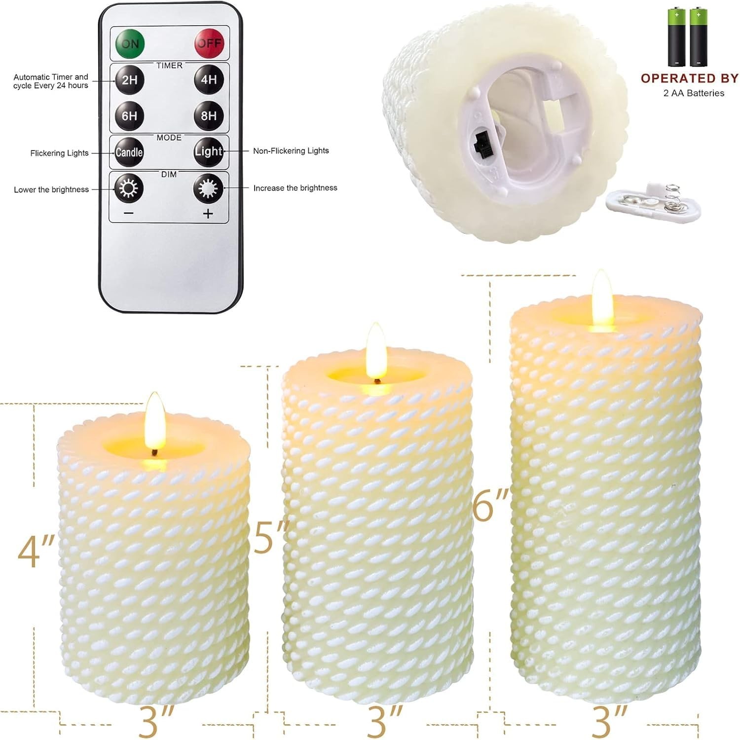 White Flameless Candles,Corded Pattern Carving Battery Operated Candles with …