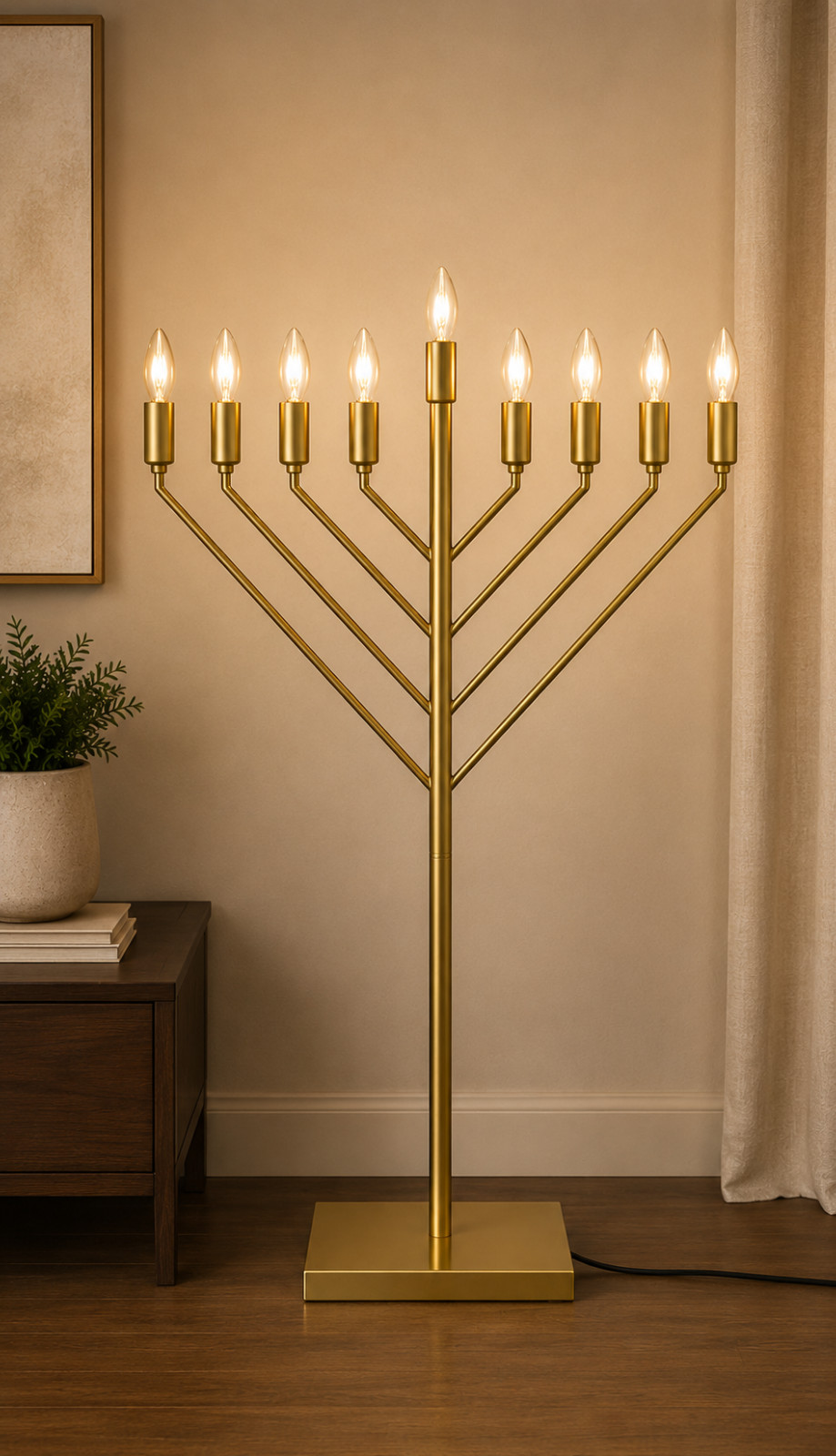 35″ Modern Gold 9 Branch Hanukkah Menorah Lamp LED Floor Standing Decor