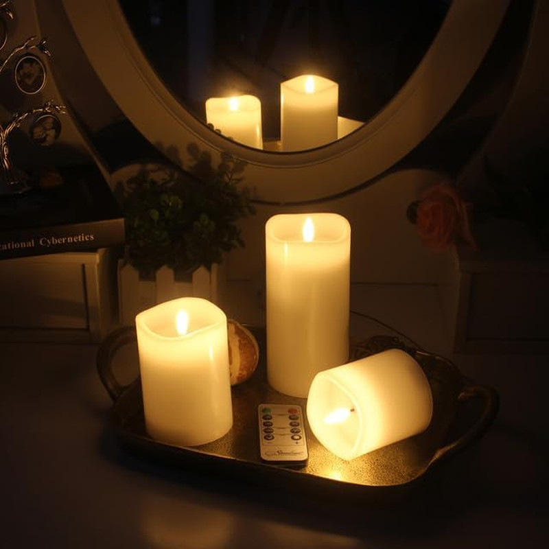 3 Pack White Real Wax Assorted Size Flameless LED Pillar Candles with Remote and