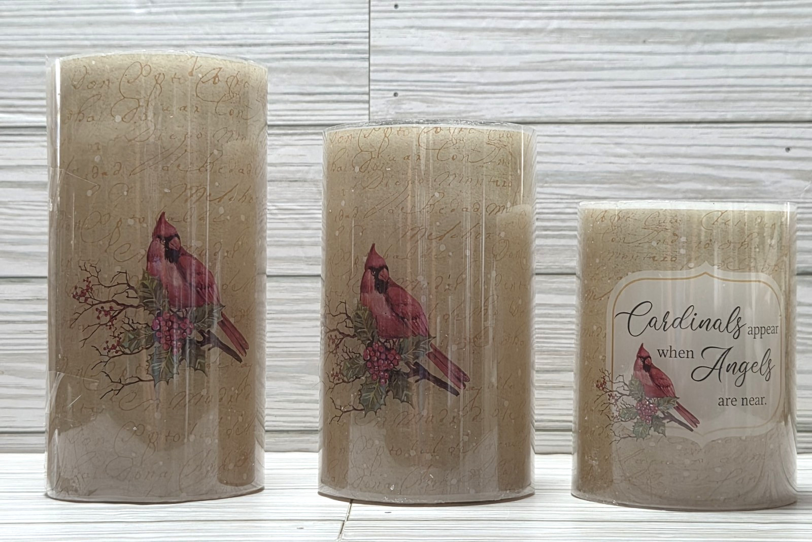 Set of 3 Candles LED Flameless Wax Pillars Cardinal Birds AAA Battery Operated