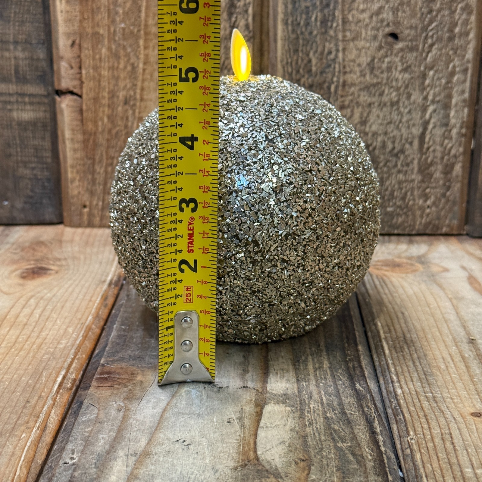 POTTERY BARN FLICKERING FLAMELESS CANDLE GOLD GLITTER ORNAMENT MED 5.5″ HOLIDAY