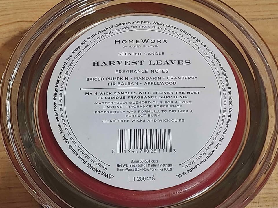 LOT OF 2 NEW HOMEWORX BY HARRY SLATKIN HARVEST LEAVES 4 WICK 18 OZ JAR CANDLE