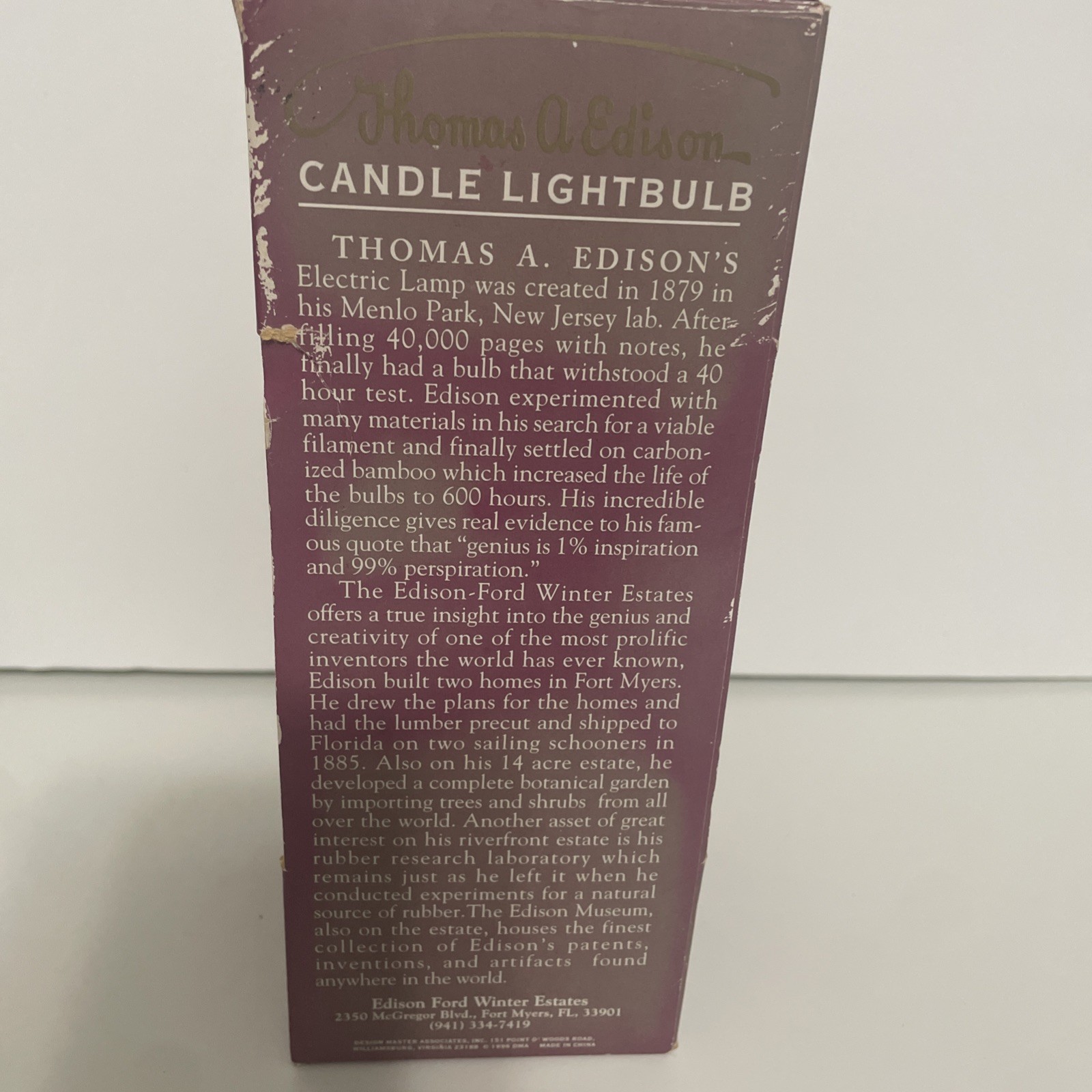 New Vintage Light Bulb Candle Thomas A. Edison 90s Souvenir Ford Winter Estates