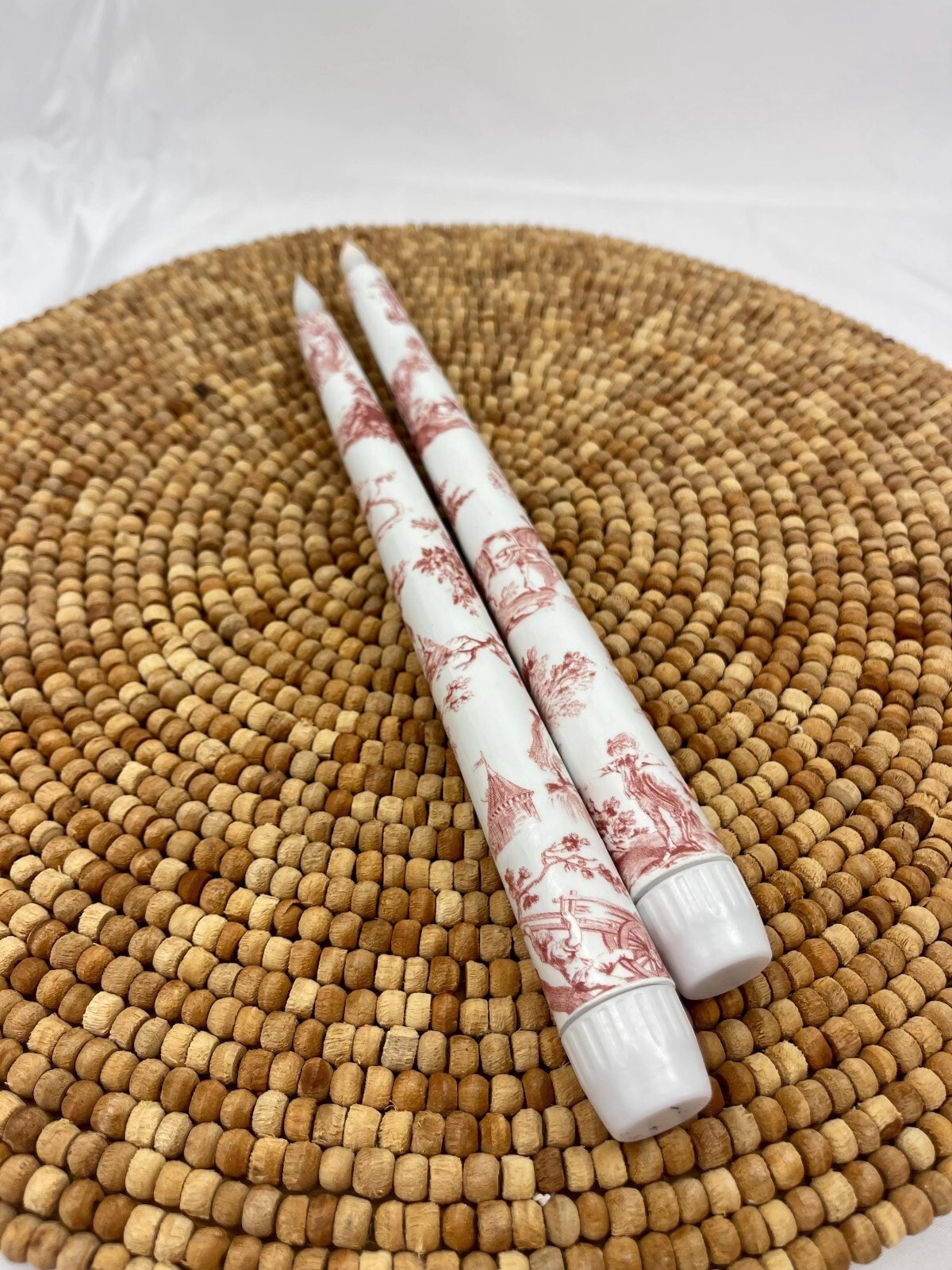 Traditional Reddish Brown Toile Taper Candles Set of Two Battery Operated