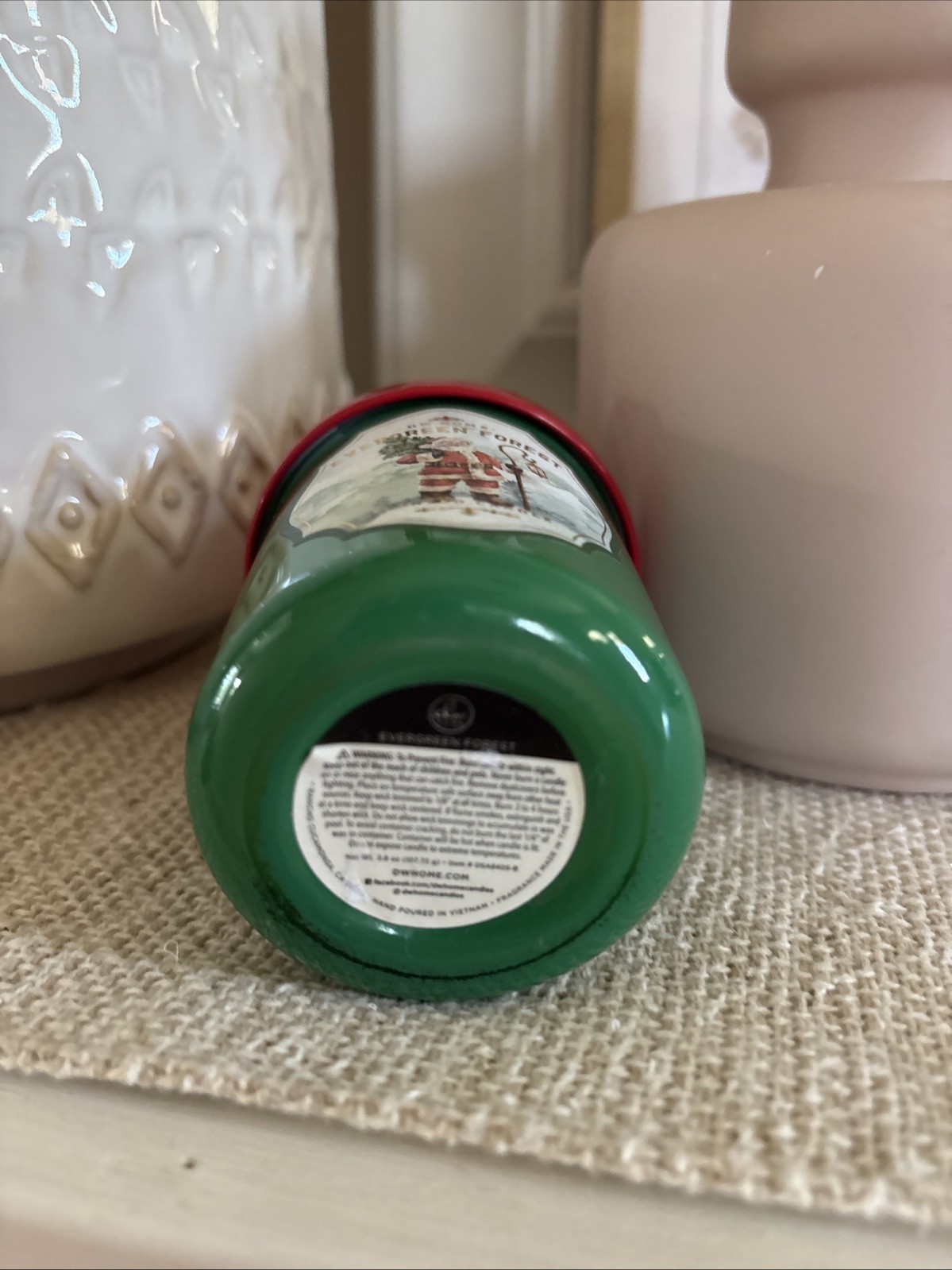 DW Home Evergreen Forest Candle Single Wick Green Red Jar Primitive 3.8 oz NEW