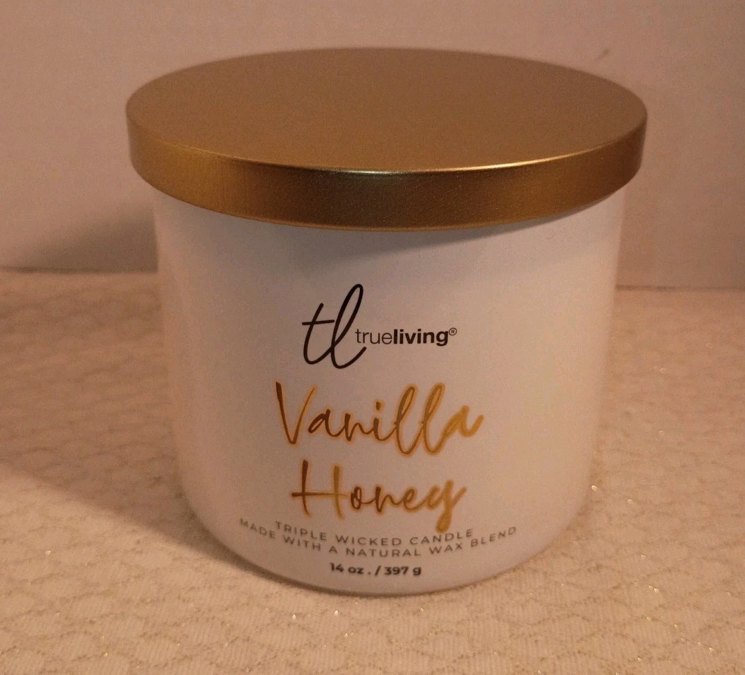 Set Of 4 TRUE LIVING ~VANILLA HONEY ~ 3WICK SCENTED CANDLES 14.5oz Brand New