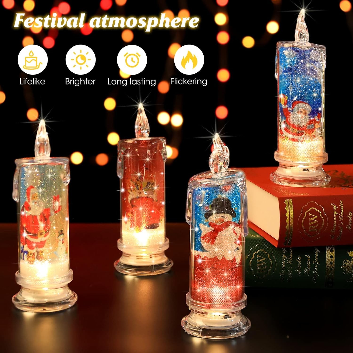 Flameless LED Candles Set of 4 with Santa Claus, Snowman Decals – Battery Ope…