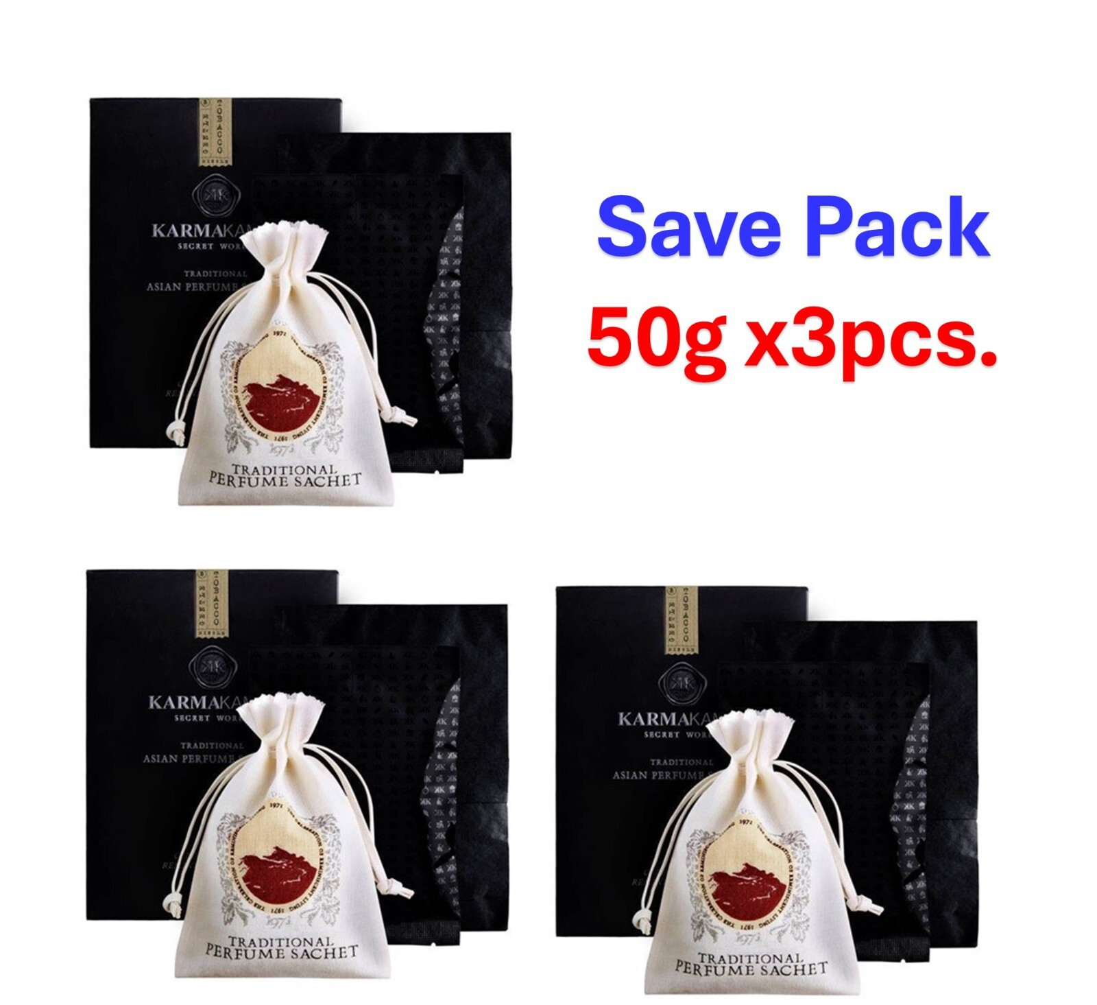 3x KARMAKAMET Perfume Sachet Night Lotus Flower Scent Traditional Asian 50g