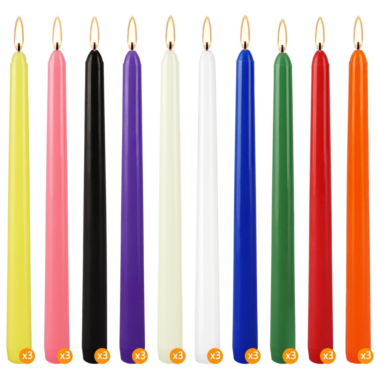 30 Pack 10″ Assorted Color Taper Candles – Unscented, Dripless for Rituals, Alta